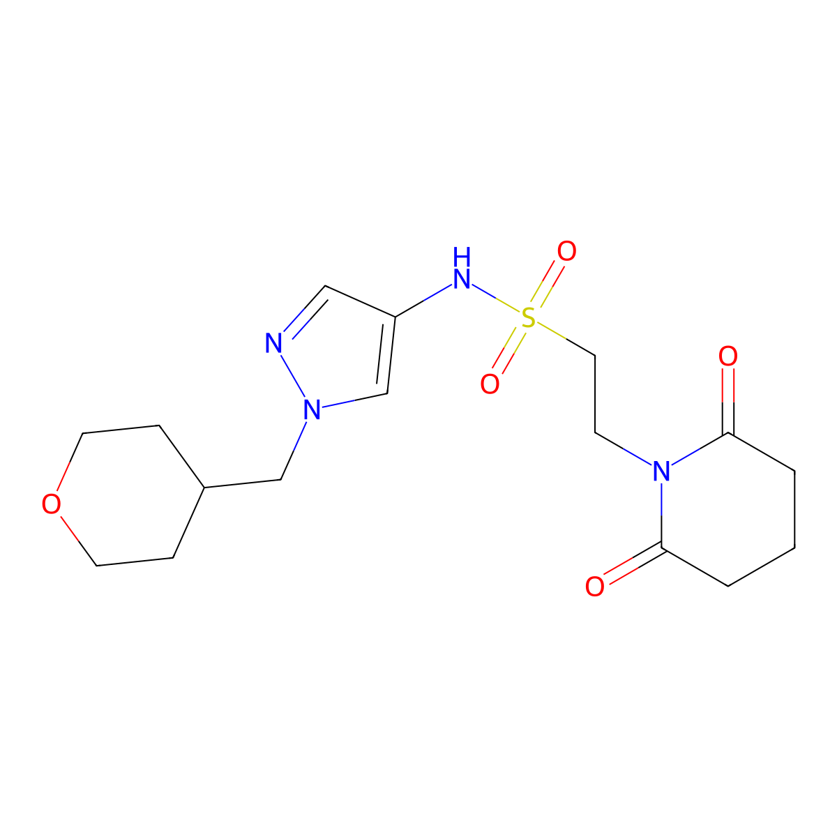 2-(2,6-dioxopiperidin-1-yl)-N-(1-((tetrahydro-2H-pyran-4-yl)methyl)-1H-pyrazol-4-yl)ethanesulfonamide molecular structure, CAS 1705352-18-6