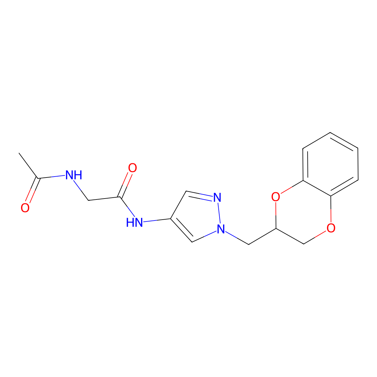 2-acetamido-N-(1-((2,3-dihydrobenzo[b][1,4]dioxin-2-yl)methyl)-1H-pyrazol-4-yl)acetamide molecular structure, CAS 1705352-64-2