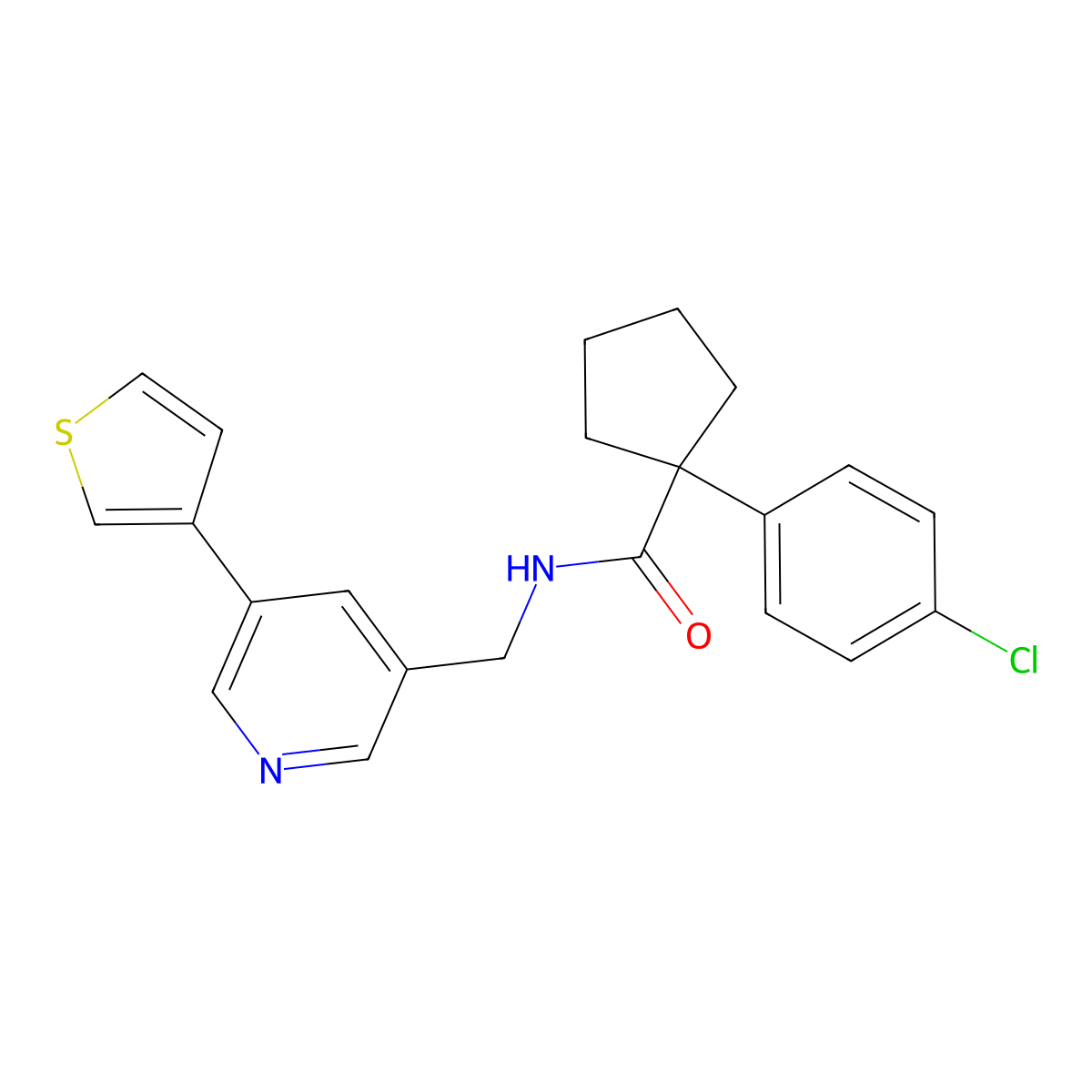 1-(4-chlorophenyl)-N-((5-(thiophen-3-yl)pyridin-3-yl)methyl)cyclopentanecarboxamide molecular structure, CAS 1705353-03-2