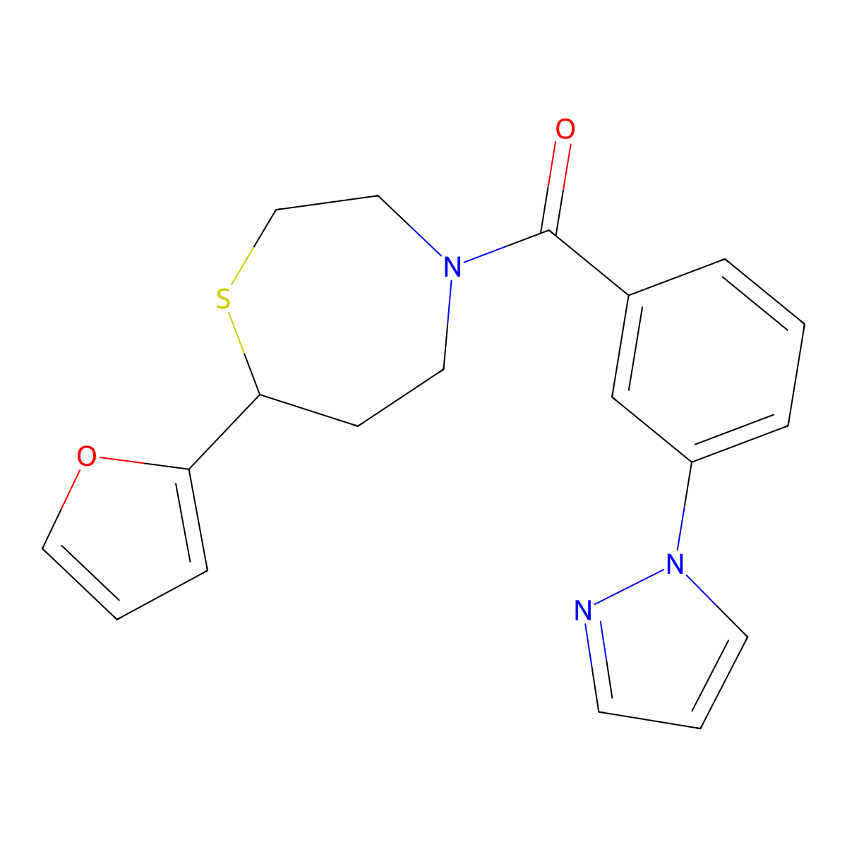 (3-(1H-pyrazol-1-yl)phenyl)(7-(furan-2-yl)-1,4-thiazepan-4-yl)methanone molecular structure, CAS 1705354-96-6