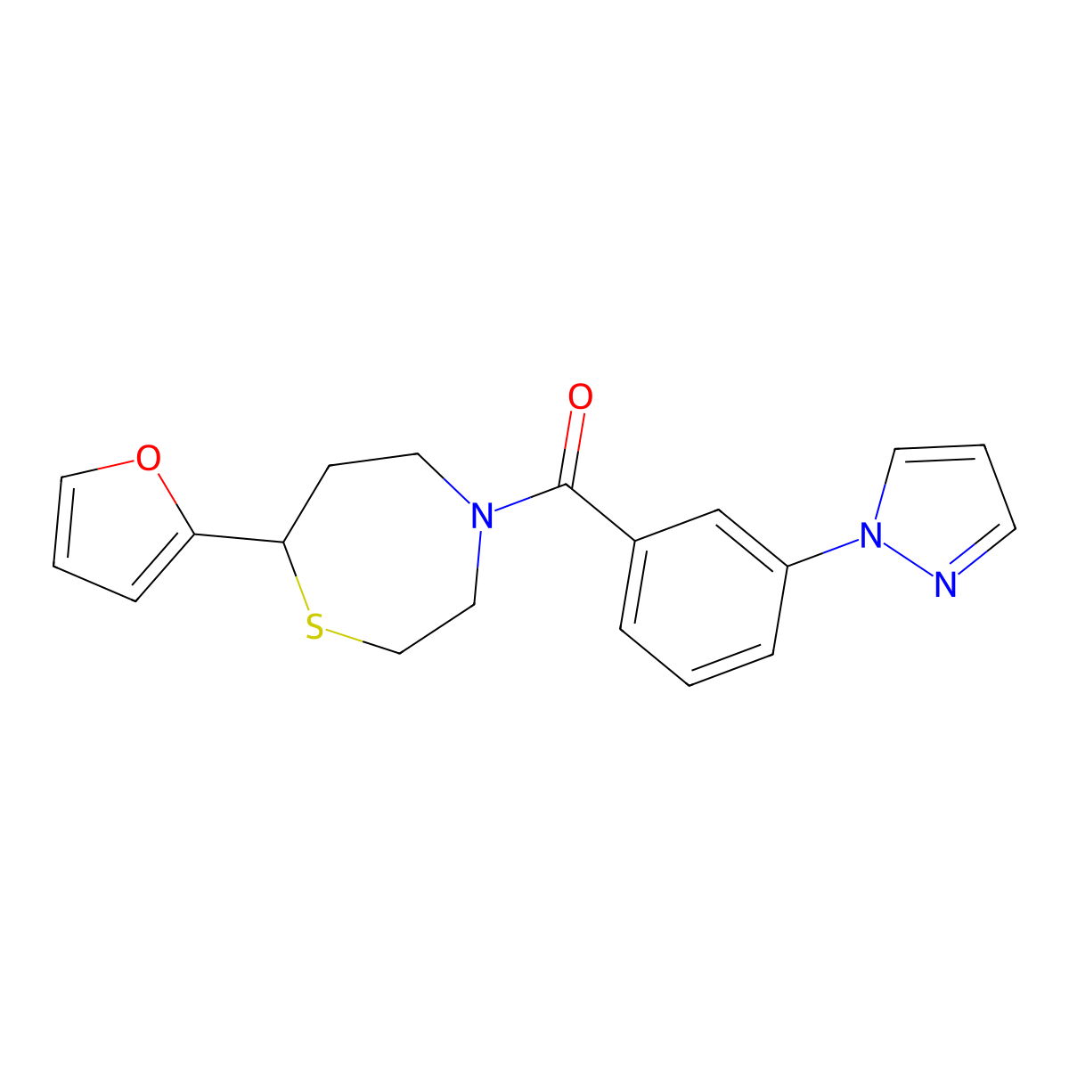 (3-(1H-pyrazol-1-yl)phenyl)(7-(furan-2-yl)-1,4-thiazepan-4-yl)methanone molecular structure, CAS 1705354-96-6