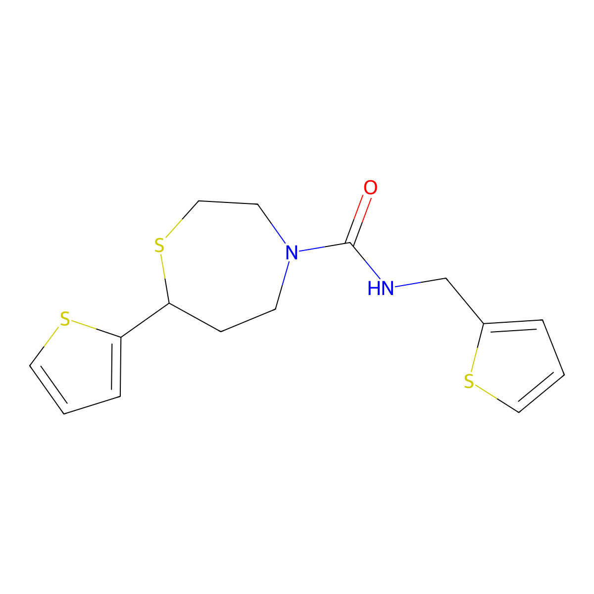 7-(thiophen-2-yl)-N-(thiophen-2-ylmethyl)-1,4-thiazepane-4-carboxamide molecular structure, CAS 1705356-01-9