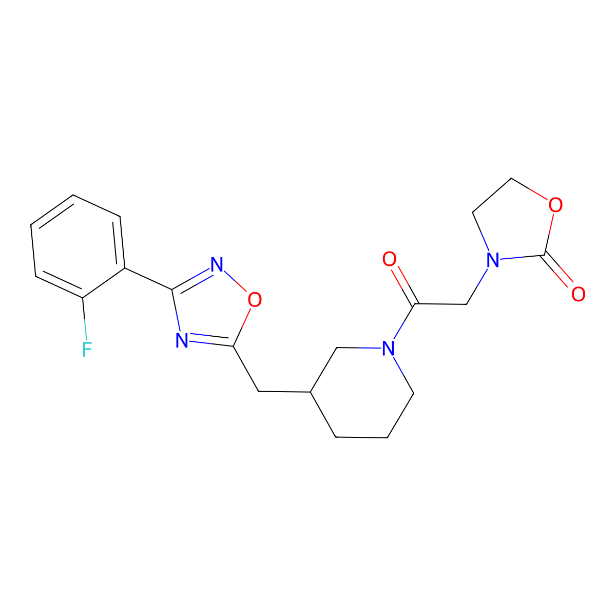 3-(2-(3-((3-(2-Fluorophenyl)-1,2,4-oxadiazol-5-yl)methyl)piperidin-1-yl)-2-oxoethyl)oxazolidin-2-one molecular structure, CAS 1705357-54-5