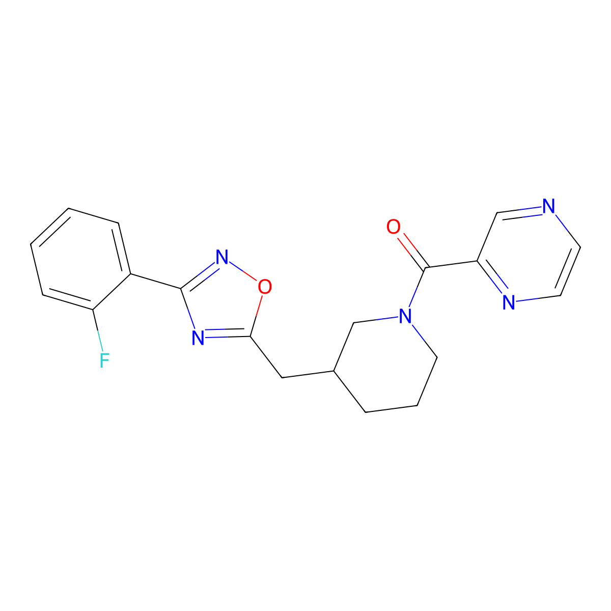 (3-((3-(2-Fluorophenyl)-1,2,4-oxadiazol-5-yl)methyl)piperidin-1-yl)(pyrazin-2-yl)methanone molecular structure, CAS 1705363-18-3