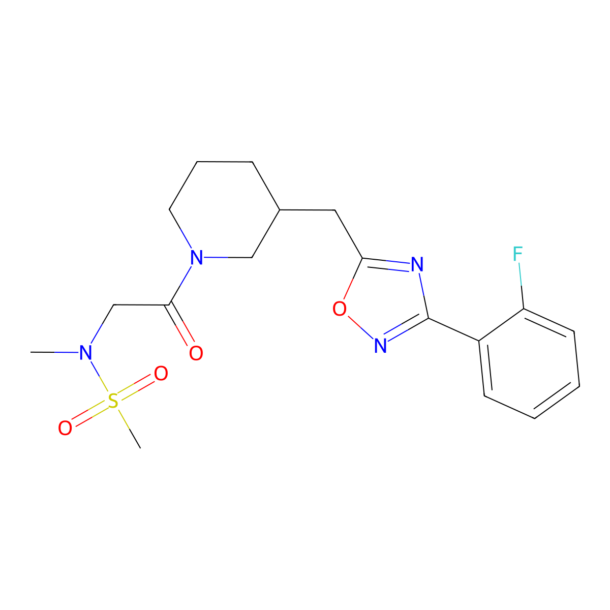 N-(2-(3-((3-(2-fluorophenyl)-1,2,4-oxadiazol-5-yl)methyl)piperidin-1-yl)-2-oxoethyl)-N-methylmethanesulfonamide molecular structure, CAS 1705364-81-3