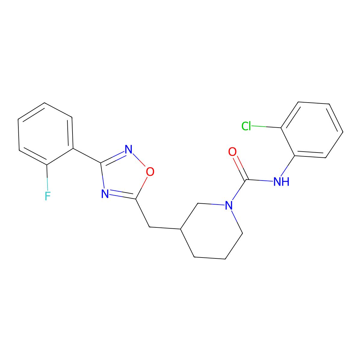 N-(2-chlorophenyl)-3-((3-(2-fluorophenyl)-1,2,4-oxadiazol-5-yl)methyl)piperidine-1-carboxamide molecular structure, CAS 1705364-90-4