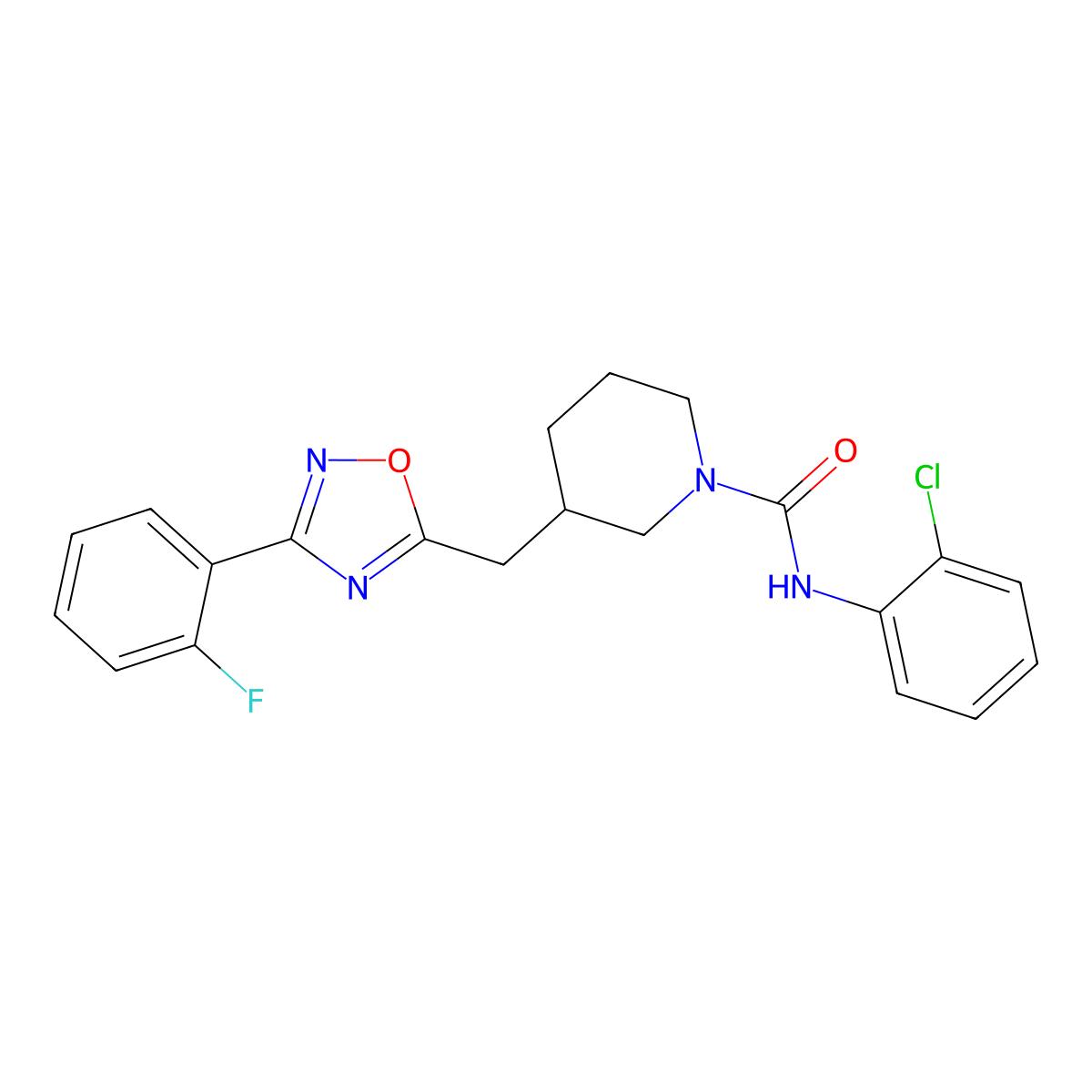 N-(2-chlorophenyl)-3-((3-(2-fluorophenyl)-1,2,4-oxadiazol-5-yl)methyl)piperidine-1-carboxamide molecular structure, CAS 1705364-90-4