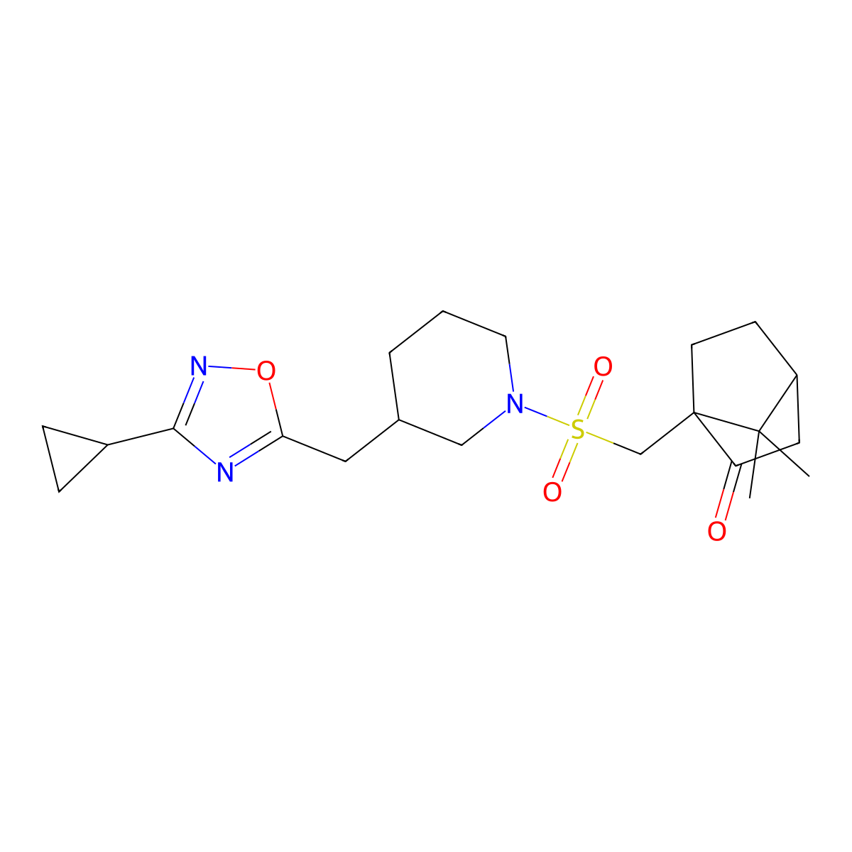 (1R,4R)-1-(((3-((3-cyclopropyl-1,2,4-oxadiazol-5-yl)methyl)piperidin-1-yl)sulfonyl)methyl)-7,7-dimethylbicyclo[2.2.1]heptan-2-one molecular structure, CAS 1705365-00-9