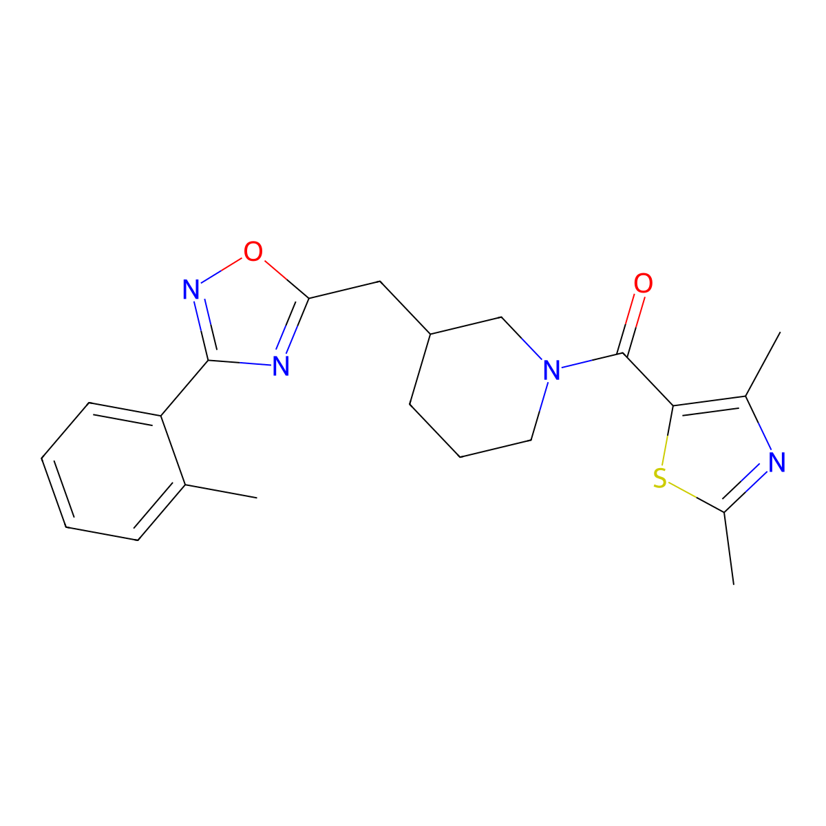 (2,4-Dimethylthiazol-5-yl)(3-((3-(o-tolyl)-1,2,4-oxadiazol-5-yl)methyl)piperidin-1-yl)methanone molecular structure, CAS 1705365-19-0