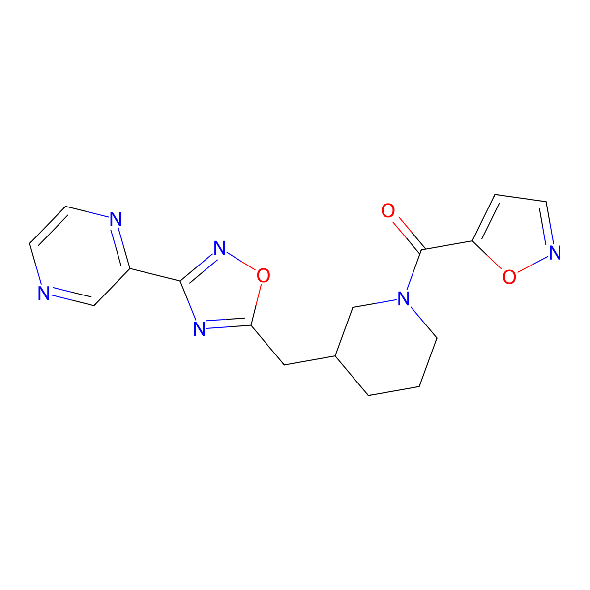 Isoxazol-5-yl(3-((3-(pyrazin-2-yl)-1,2,4-oxadiazol-5-yl)methyl)piperidin-1-yl)methanone molecular structure, CAS 1705365-56-5