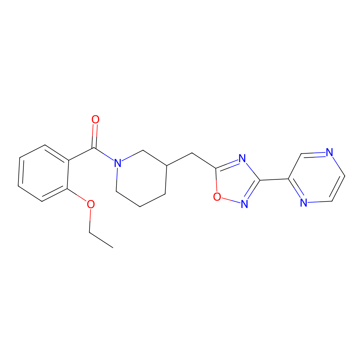 (2-Ethoxyphenyl)(3-((3-(pyrazin-2-yl)-1,2,4-oxadiazol-5-yl)methyl)piperidin-1-yl)methanone molecular structure, CAS 1705365-73-6