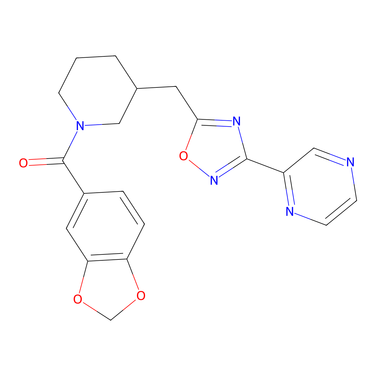 Benzo[d][1,3]dioxol-5-yl(3-((3-(pyrazin-2-yl)-1,2,4-oxadiazol-5-yl)methyl)piperidin-1-yl)methanone molecular structure, CAS 1705365-80-5