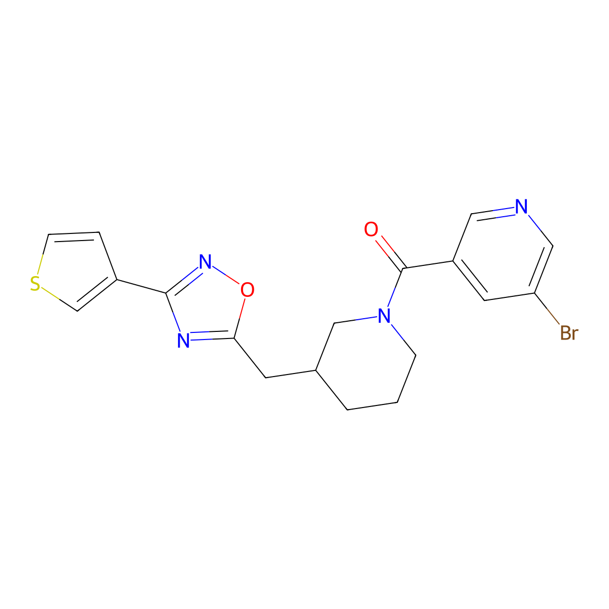 (5-Bromopyridin-3-yl)(3-((3-(thiophen-3-yl)-1,2,4-oxadiazol-5-yl)methyl)piperidin-1-yl)methanone molecular structure, CAS 1705366-93-3
