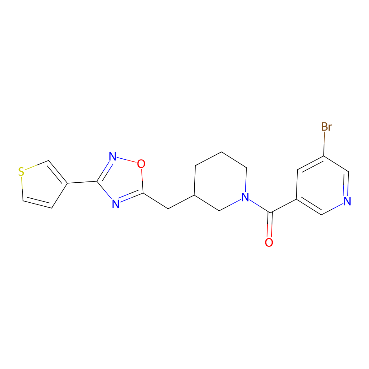 (5-Bromopyridin-3-yl)(3-((3-(thiophen-3-yl)-1,2,4-oxadiazol-5-yl)methyl)piperidin-1-yl)methanone molecular structure, CAS 1705366-93-3