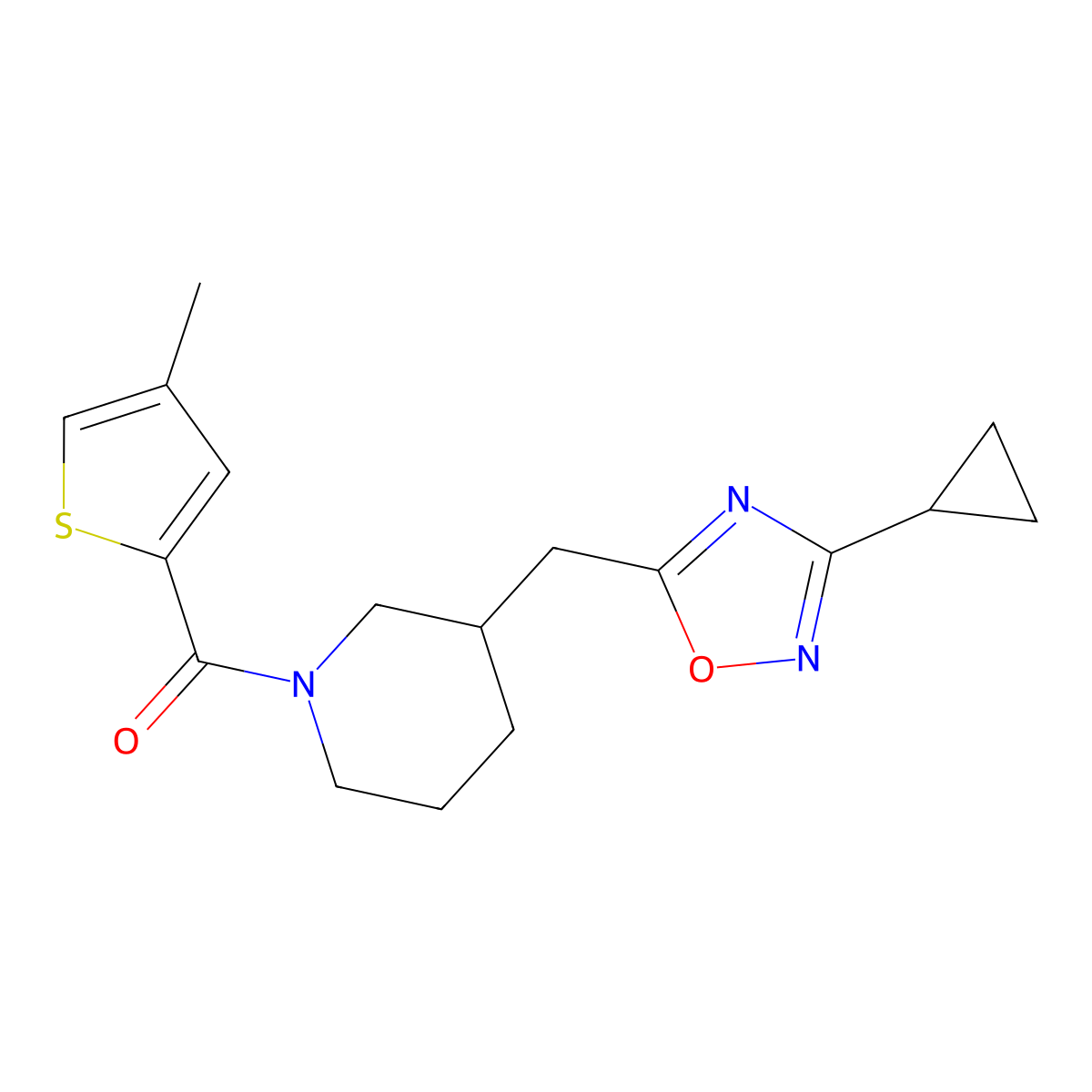 (3-((3-Cyclopropyl-1,2,4-oxadiazol-5-yl)methyl)piperidin-1-yl)(4-methylthiophen-2-yl)methanone molecular structure, CAS 1705375-18-3