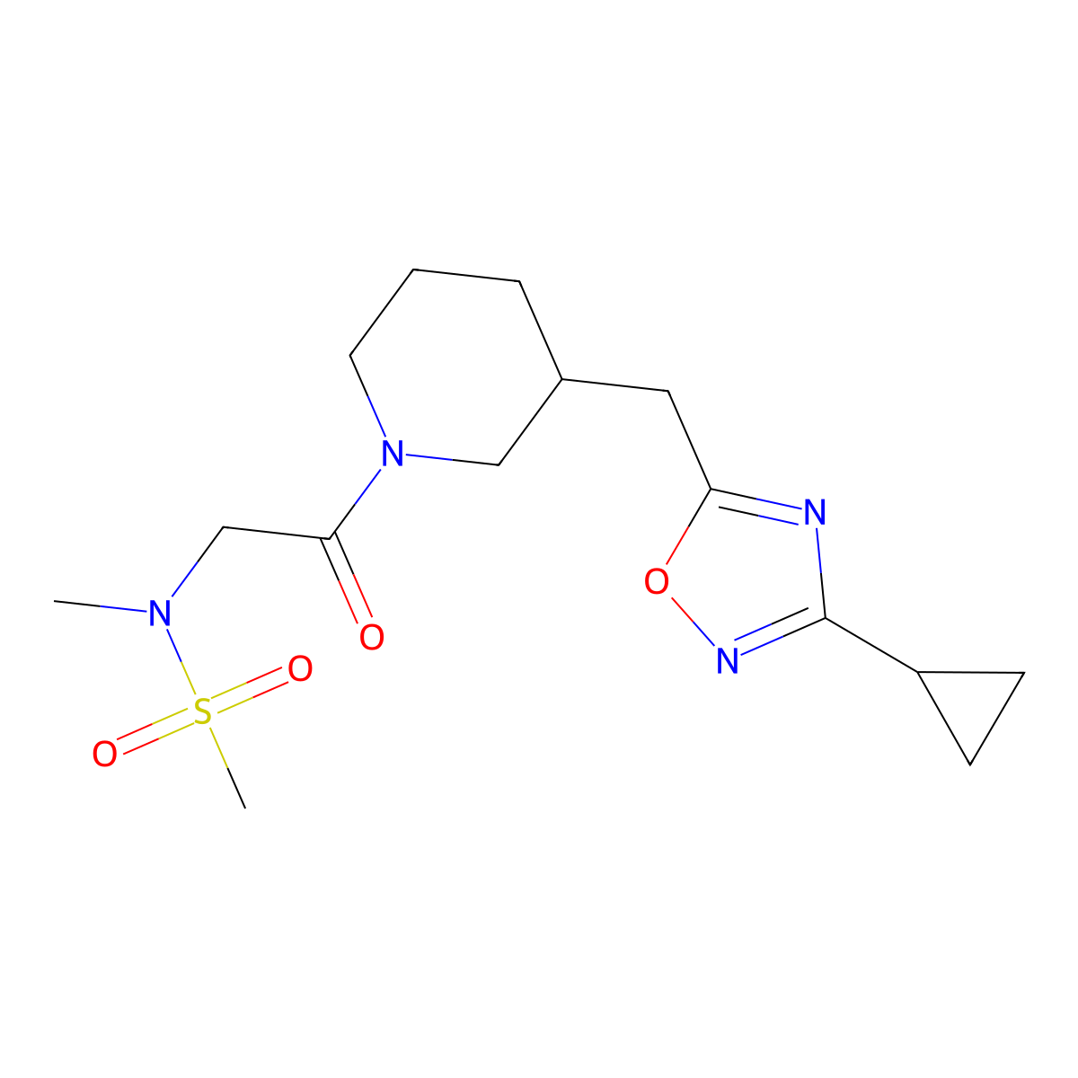 N-(2-{3-[(3-cyclopropyl-1,2,4-oxadiazol-5-yl)methyl]piperidin-1-yl}-2-oxoethyl)-N-methylmethanesulfonamide molecular structure, CAS 1705375-30-9
