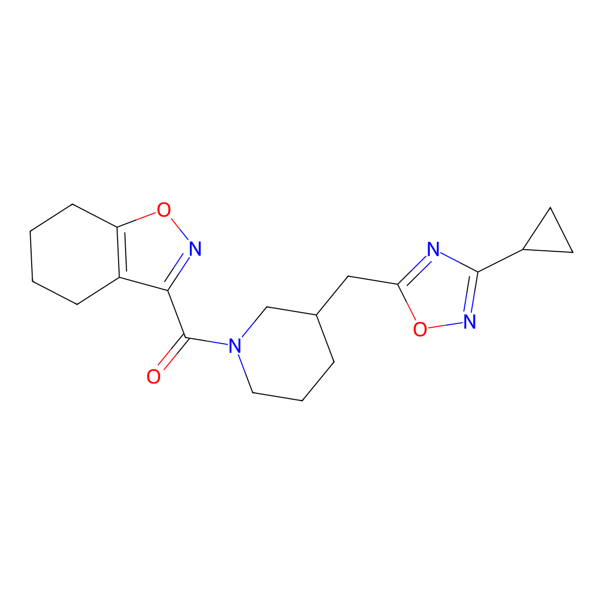 (3-((3-Cyclopropyl-1,2,4-oxadiazol-5-yl)methyl)piperidin-1-yl)(4,5,6,7-tetrahydrobenzo[d]isoxazol-3-yl)methanone molecular structure, CAS 1705375-42-3