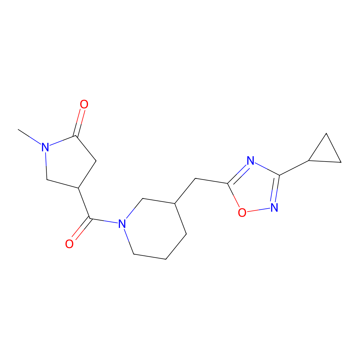 4-(3-((3-Cyclopropyl-1,2,4-oxadiazol-5-yl)methyl)piperidine-1-carbonyl)-1-methylpyrrolidin-2-one molecular structure, CAS 1705375-50-3