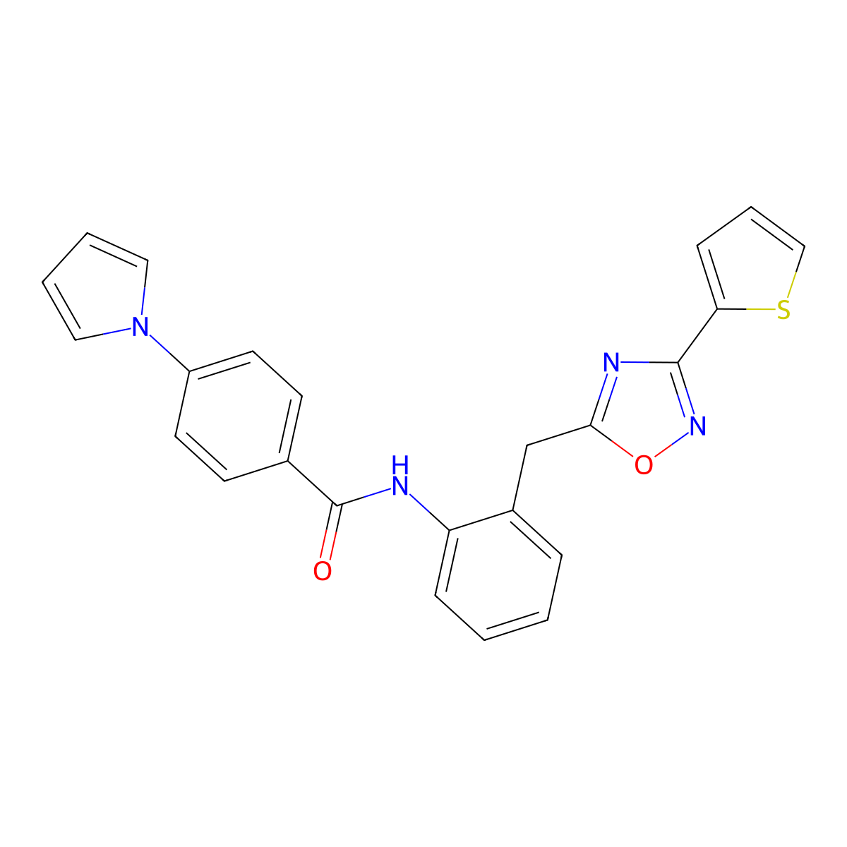 4-(1H-pyrrol-1-yl)-N-(2-((3-(thiophen-2-yl)-1,2,4-oxadiazol-5-yl)methyl)phenyl)benzamide molecular structure, CAS 1705376-54-0