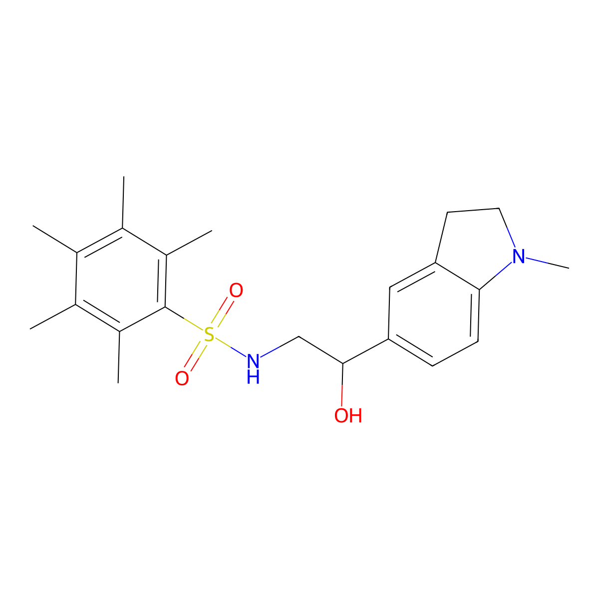 N-(2-hydroxy-2-(1-methylindolin-5-yl)ethyl)-2,3,4,5,6-pentamethylbenzenesulfonamide molecular structure, CAS 1705386-95-3