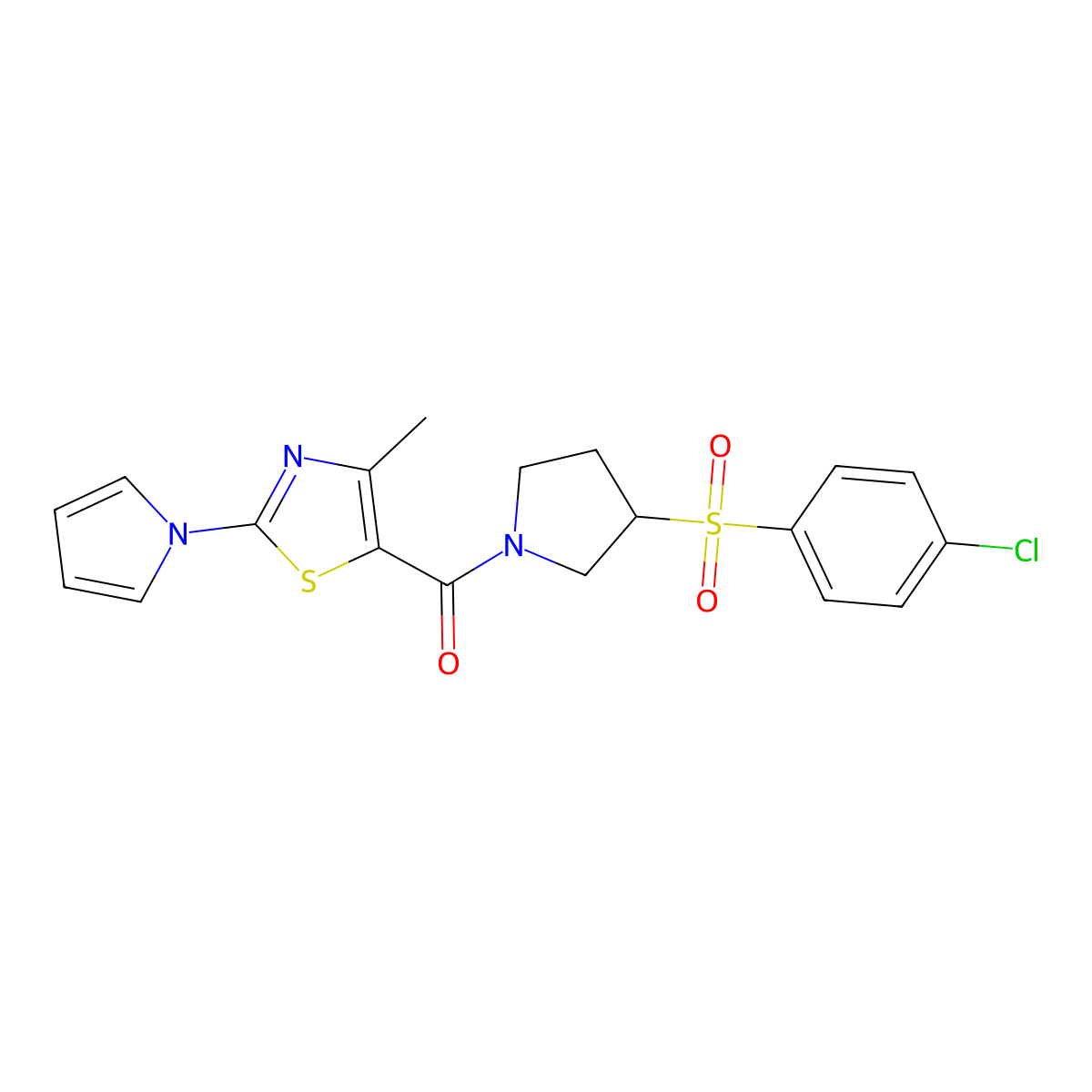 (3-((4-chlorophenyl)sulfonyl)pyrrolidin-1-yl)(4-methyl-2-(1H-pyrrol-1-yl)thiazol-5-yl)methanone molecular structure, CAS 1705395-29-4