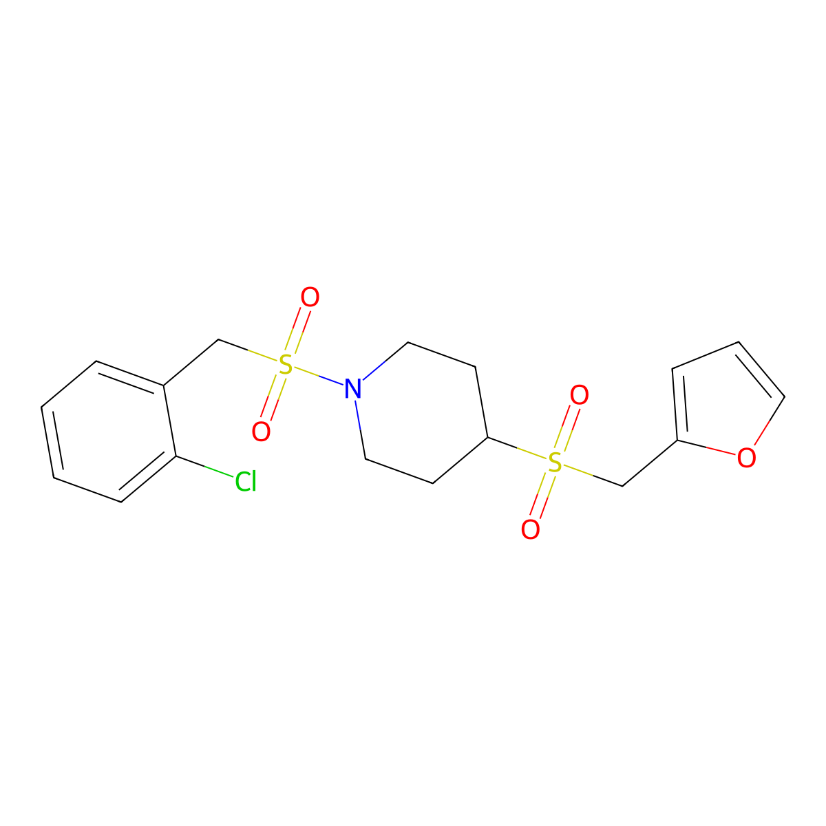 1-((2-Chlorobenzyl)sulfonyl)-4-((furan-2-ylmethyl)sulfonyl)piperidine molecular structure, CAS 1705395-84-1