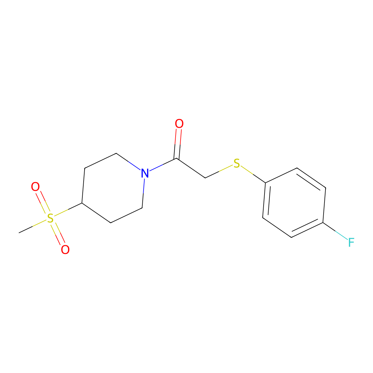 2-((4-Fluorophenyl)thio)-1-(4-(methylsulfonyl)piperidin-1-yl)ethanone molecular structure, CAS 1705405-52-2