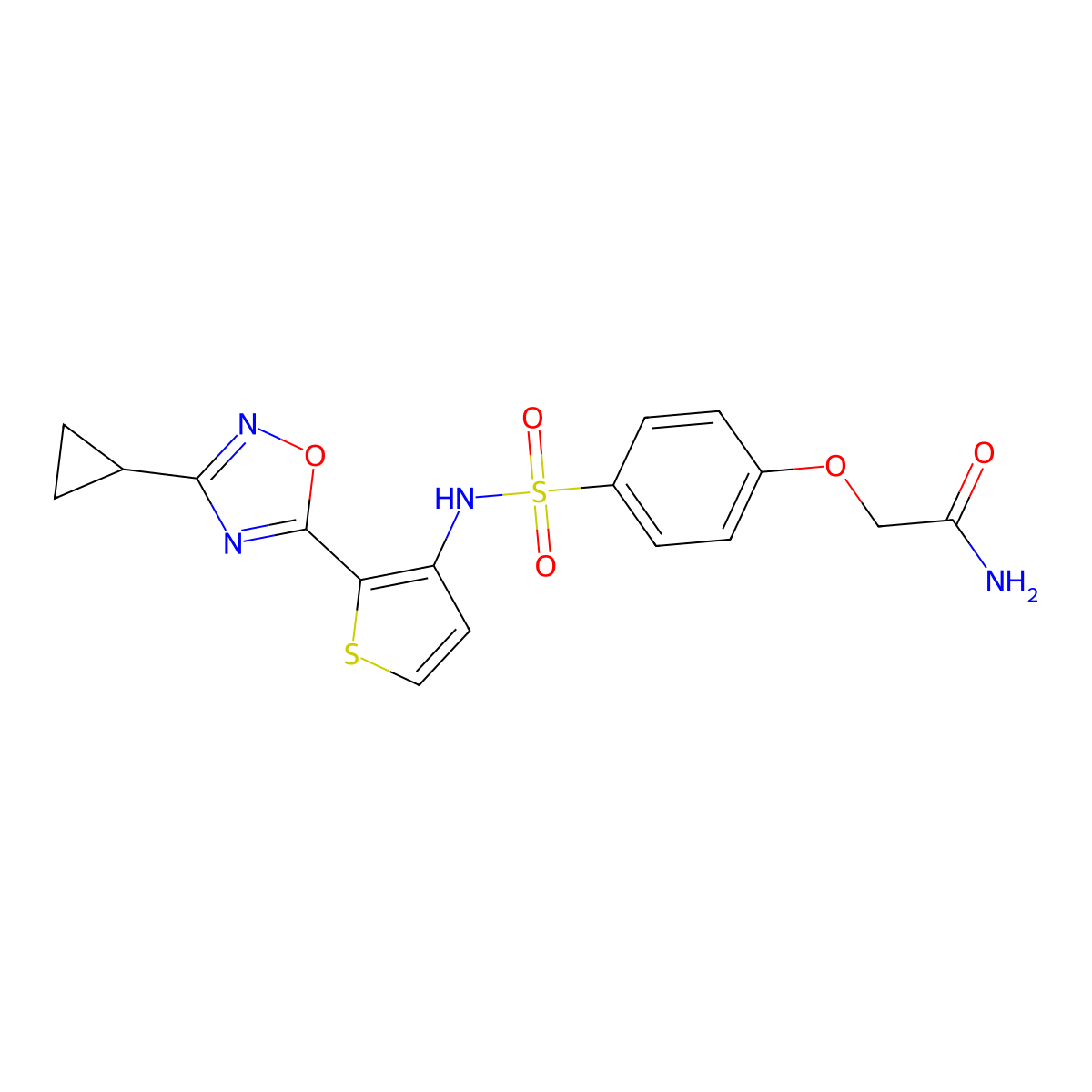 2-(4-(N-(2-(3-cyclopropyl-1,2,4-oxadiazol-5-yl)thiophen-3-yl)sulfamoyl)phenoxy)acetamide molecular structure, CAS 1705417-50-0
