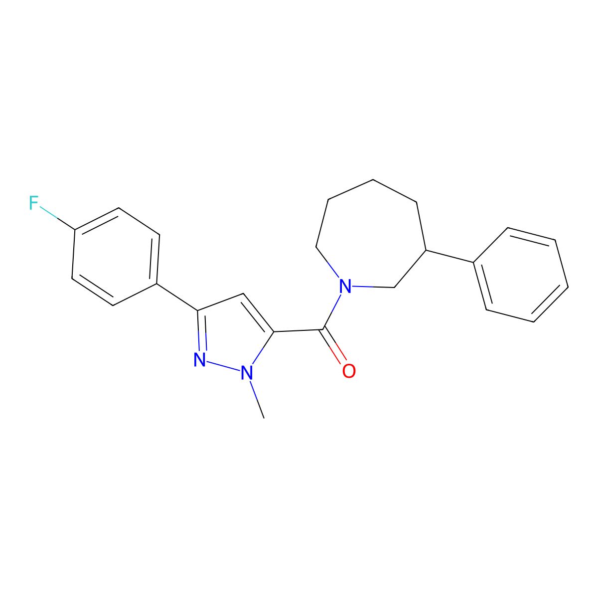 (3-(4-fluorophenyl)-1-methyl-1H-pyrazol-5-yl)(3-phenylazepan-1-yl)methanone molecular structure, CAS 1705419-91-5