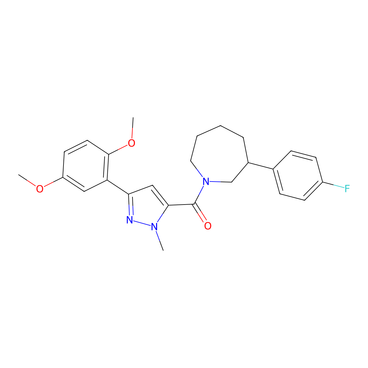 (3-(2,5-dimethoxyphenyl)-1-methyl-1H-pyrazol-5-yl)(3-(4-fluorophenyl)azepan-1-yl)methanone molecular structure, CAS 1705420-55-8