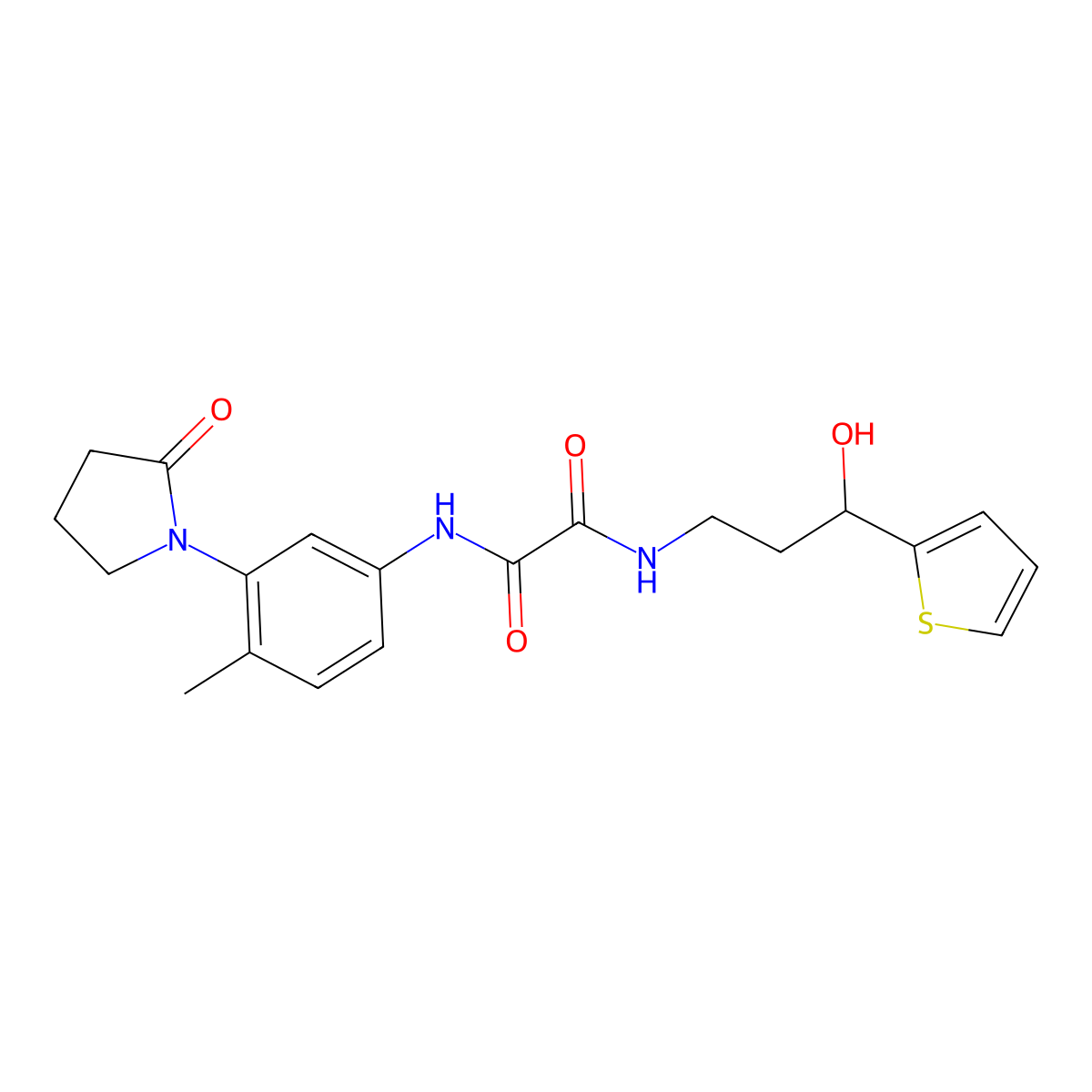 N1-(3-hydroxy-3-(thiophen-2-yl)propyl)-N2-(4-methyl-3-(2-oxopyrrolidin-1-yl)phenyl)oxalamide molecular structure, CAS 1705424-03-8