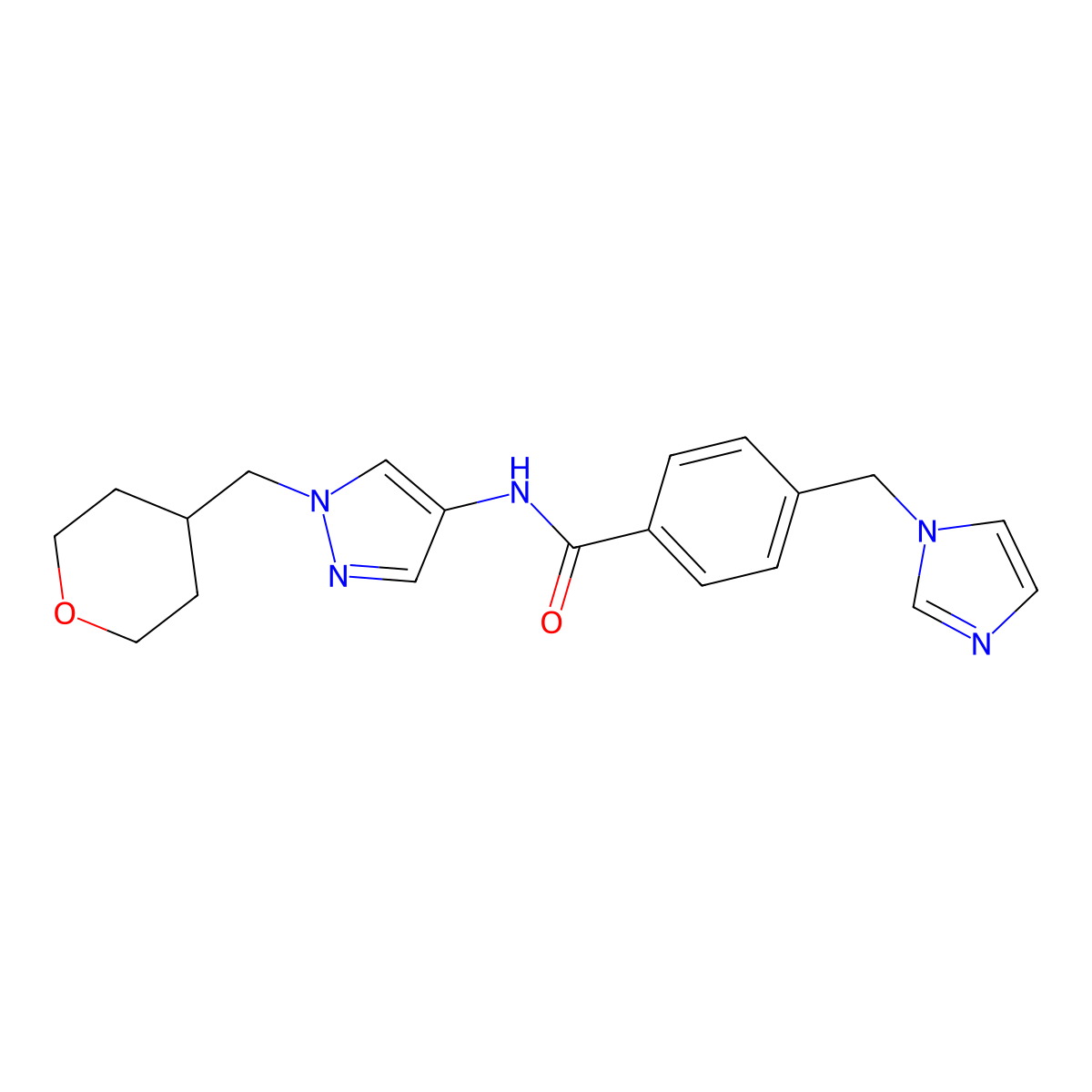 4-((1H-imidazol-1-yl)methyl)-N-(1-((tetrahydro-2H-pyran-4-yl)methyl)-1H-pyrazol-4-yl)benzamide molecular structure, CAS 1705427-19-5