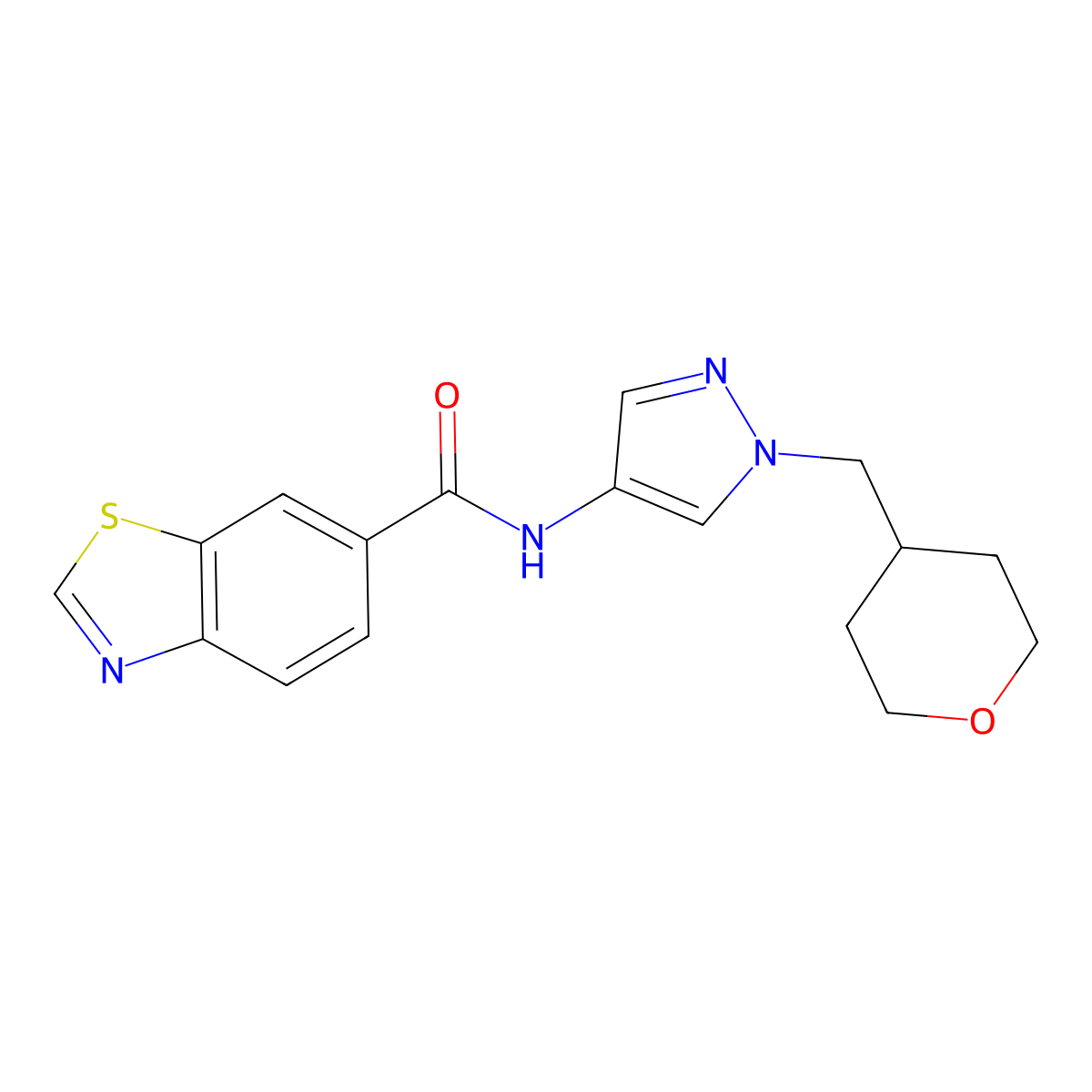 N-(1-((tetrahydro-2H-pyran-4-yl)methyl)-1H-pyrazol-4-yl)benzo[d]thiazole-6-carboxamide molecular structure, CAS 1705427-27-5