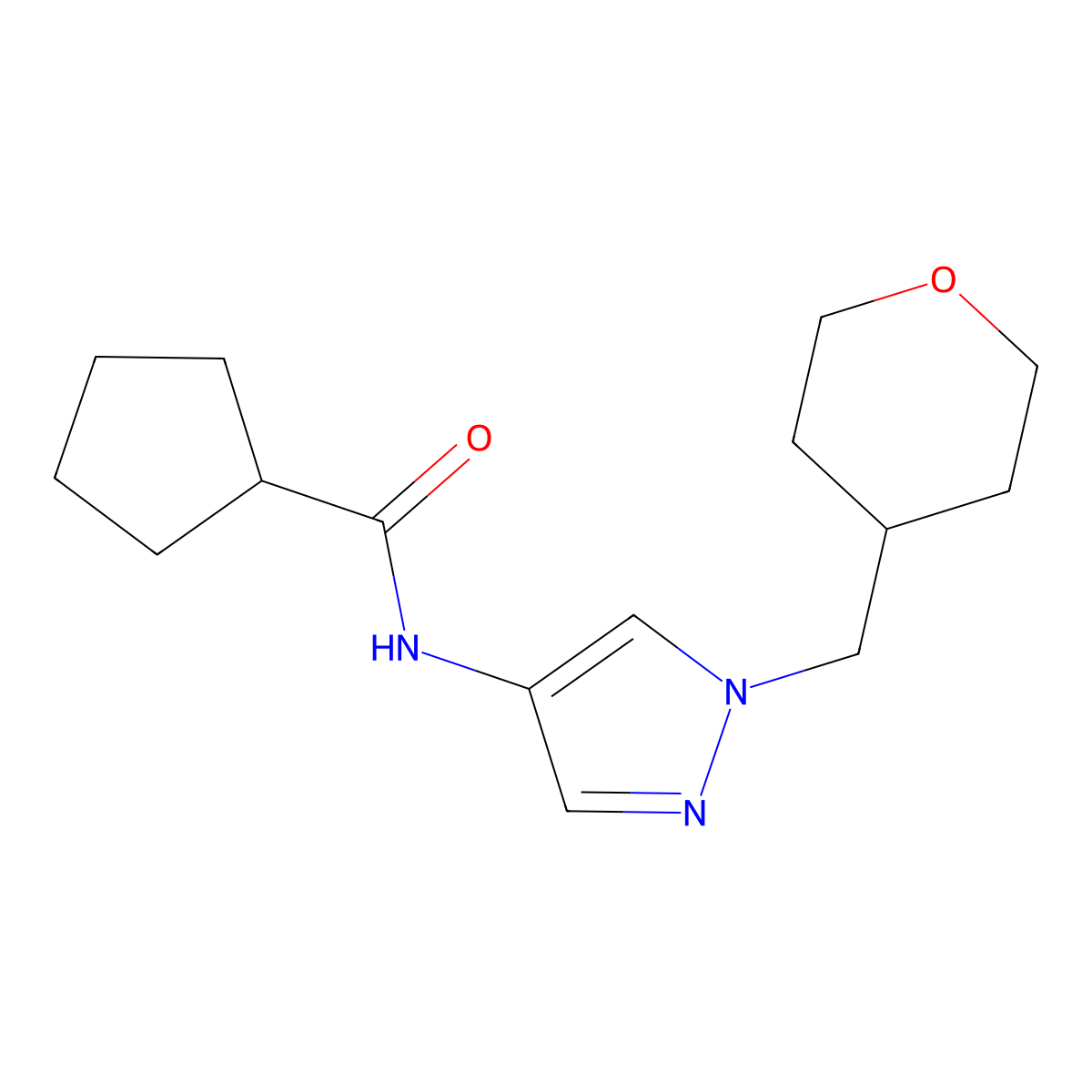 N-(1-((tetrahydro-2H-pyran-4-yl)methyl)-1H-pyrazol-4-yl)cyclopentanecarboxamide molecular structure, CAS 1705427-29-7