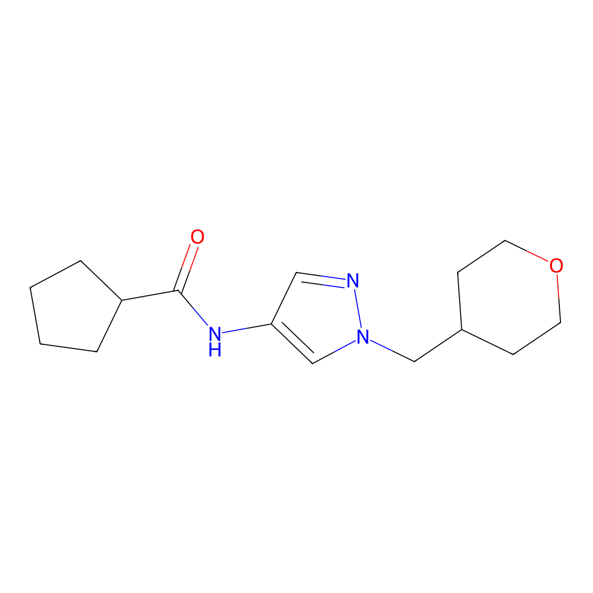 N-(1-((tetrahydro-2H-pyran-4-yl)methyl)-1H-pyrazol-4-yl)cyclopentanecarboxamide molecular structure, CAS 1705427-29-7