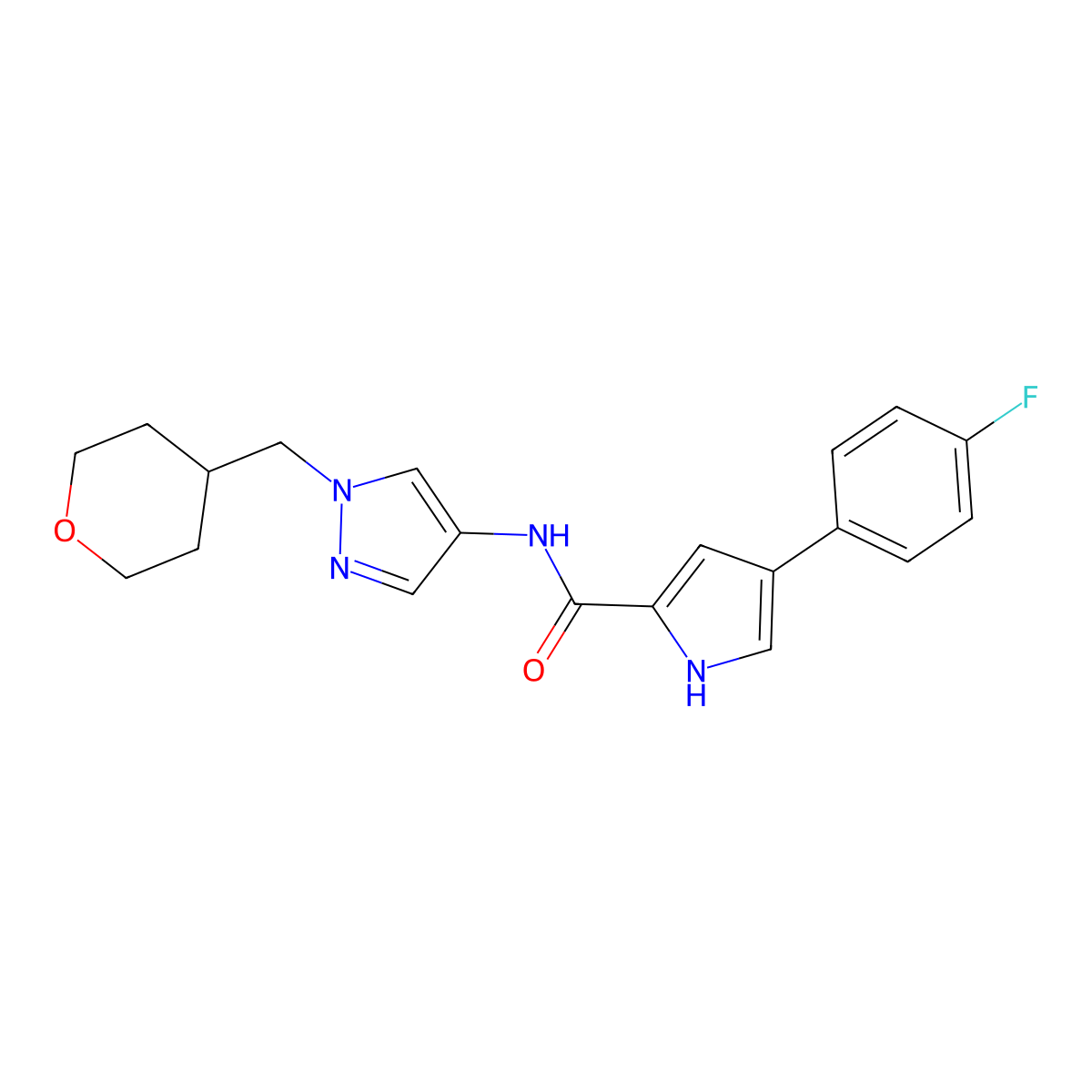 4-(4-fluorophenyl)-N-(1-((tetrahydro-2H-pyran-4-yl)methyl)-1H-pyrazol-4-yl)-1H-pyrrole-2-carboxamide molecular structure, CAS 1705427-42-4