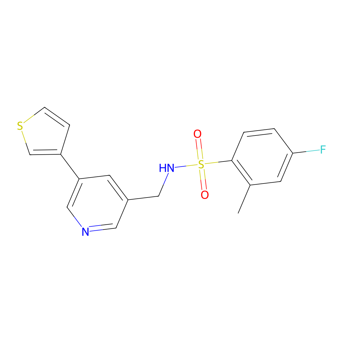 4-fluoro-2-methyl-N-((5-(thiophen-3-yl)pyridin-3-yl)methyl)benzenesulfonamide molecular structure, CAS 1705427-71-9