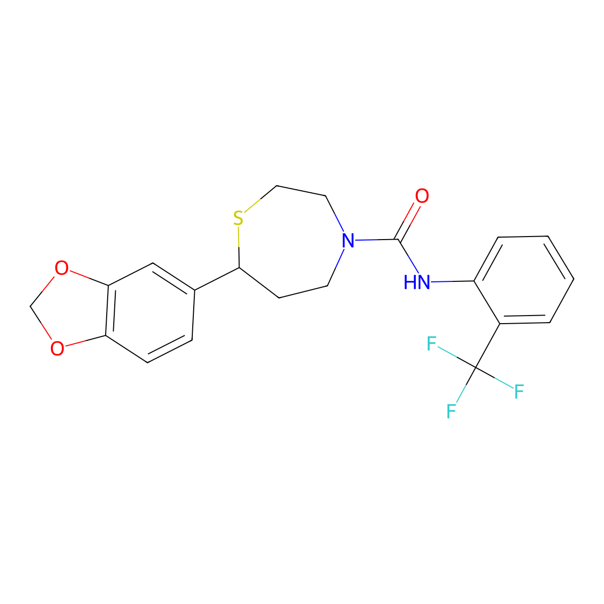 7-(benzo[d][1,3]dioxol-5-yl)-N-(2-(trifluoromethyl)phenyl)-1,4-thiazepane-4-carboxamide molecular structure, CAS 1705429-05-5