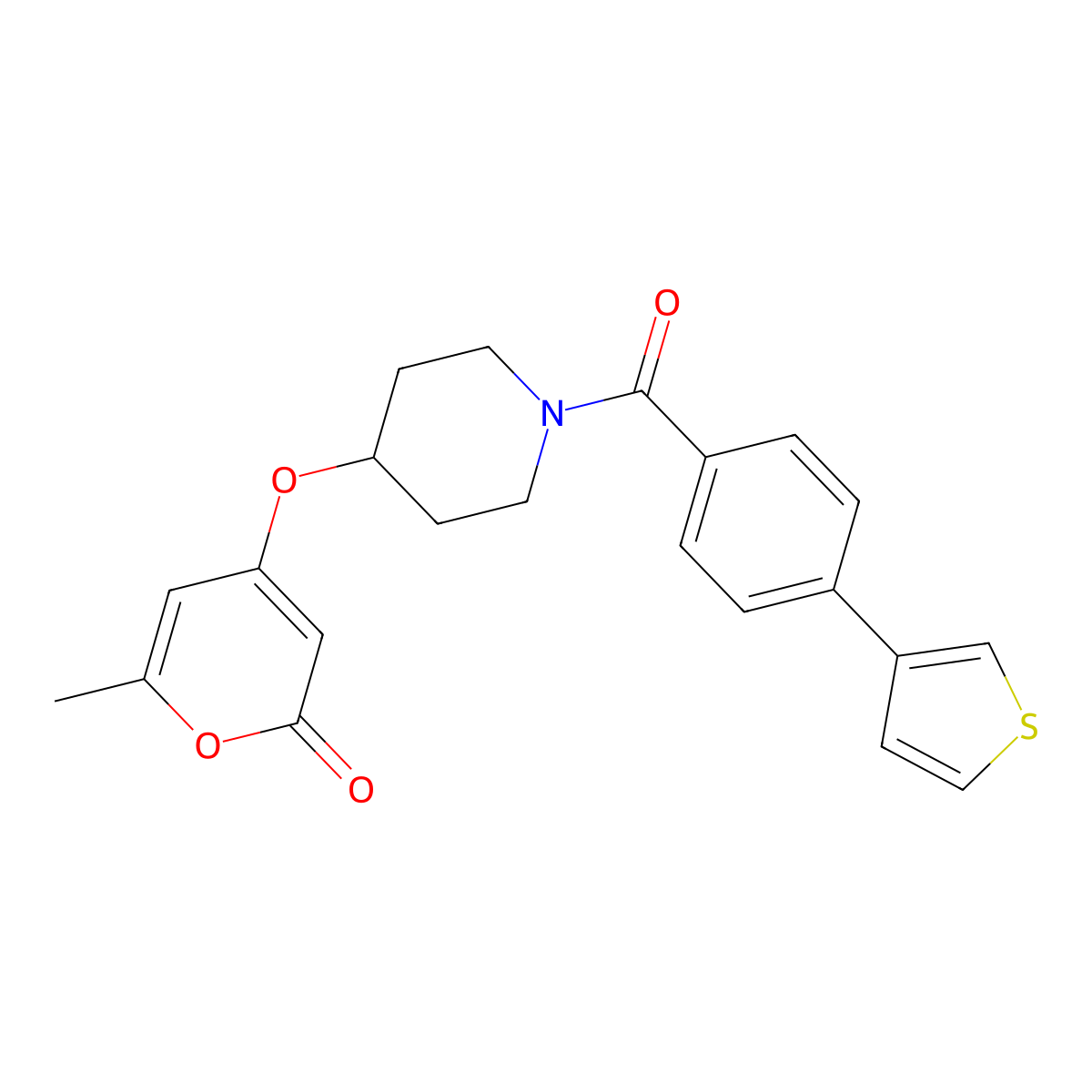 6-methyl-4-({1-[4-(thiophen-3-yl)benzoyl]piperidin-4-yl}oxy)-2H-pyran-2-one molecular structure, CAS 1705431-51-1