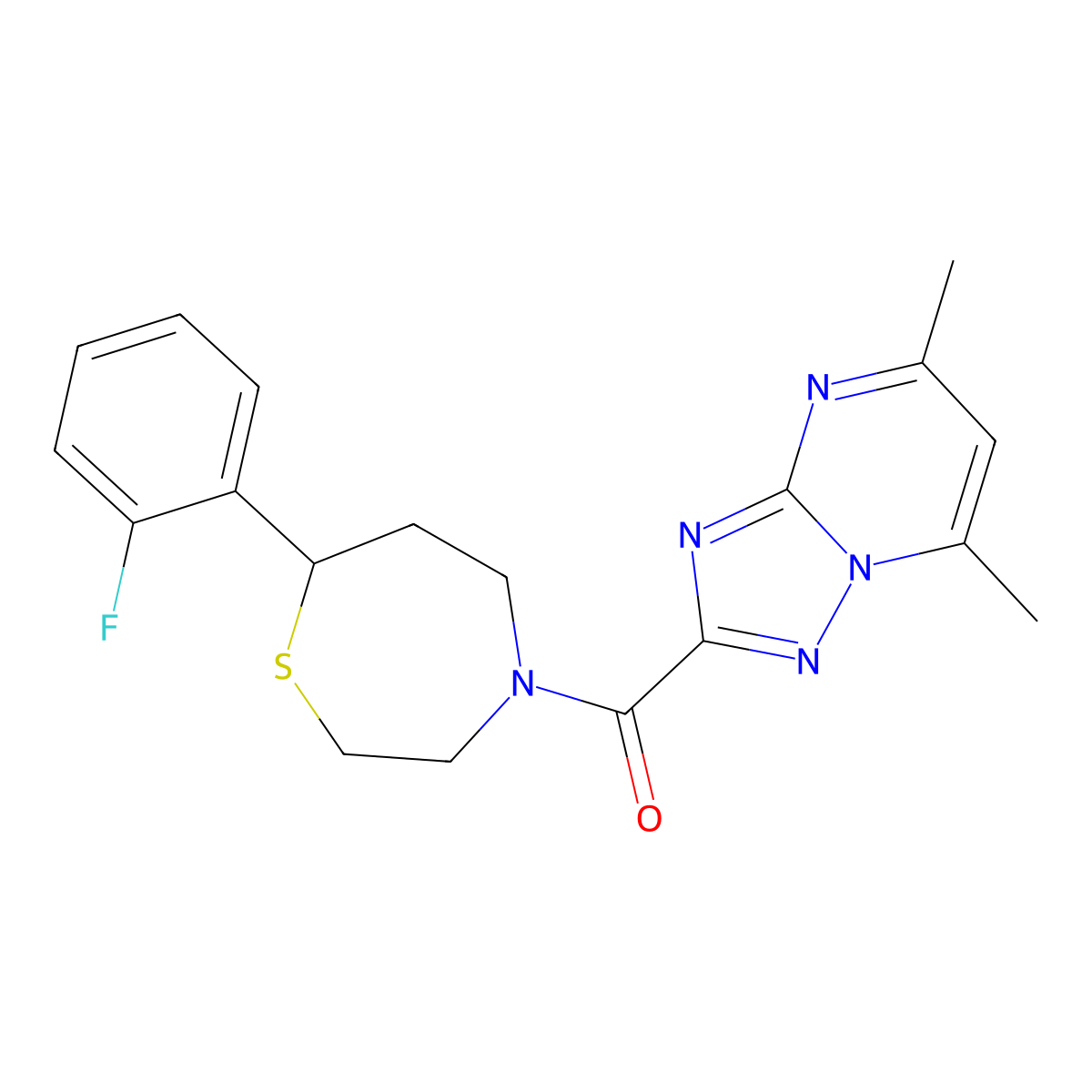 (5,7-Dimethyl-[1,2,4]triazolo[1,5-a]pyrimidin-2-yl)(7-(2-fluorophenyl)-1,4-thiazepan-4-yl)methanone molecular structure, CAS 1705435-61-5
