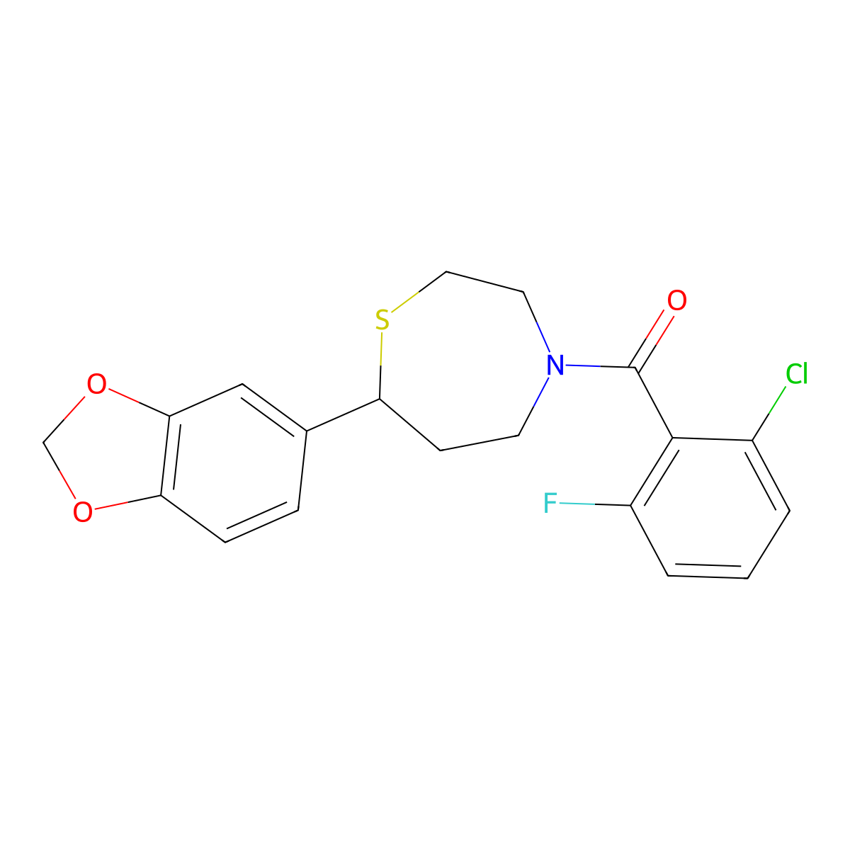 (7-(Benzo[d][1,3]dioxol-5-yl)-1,4-thiazepan-4-yl)(2-chloro-6-fluorophenyl)methanone molecular structure, CAS 1705436-54-9
