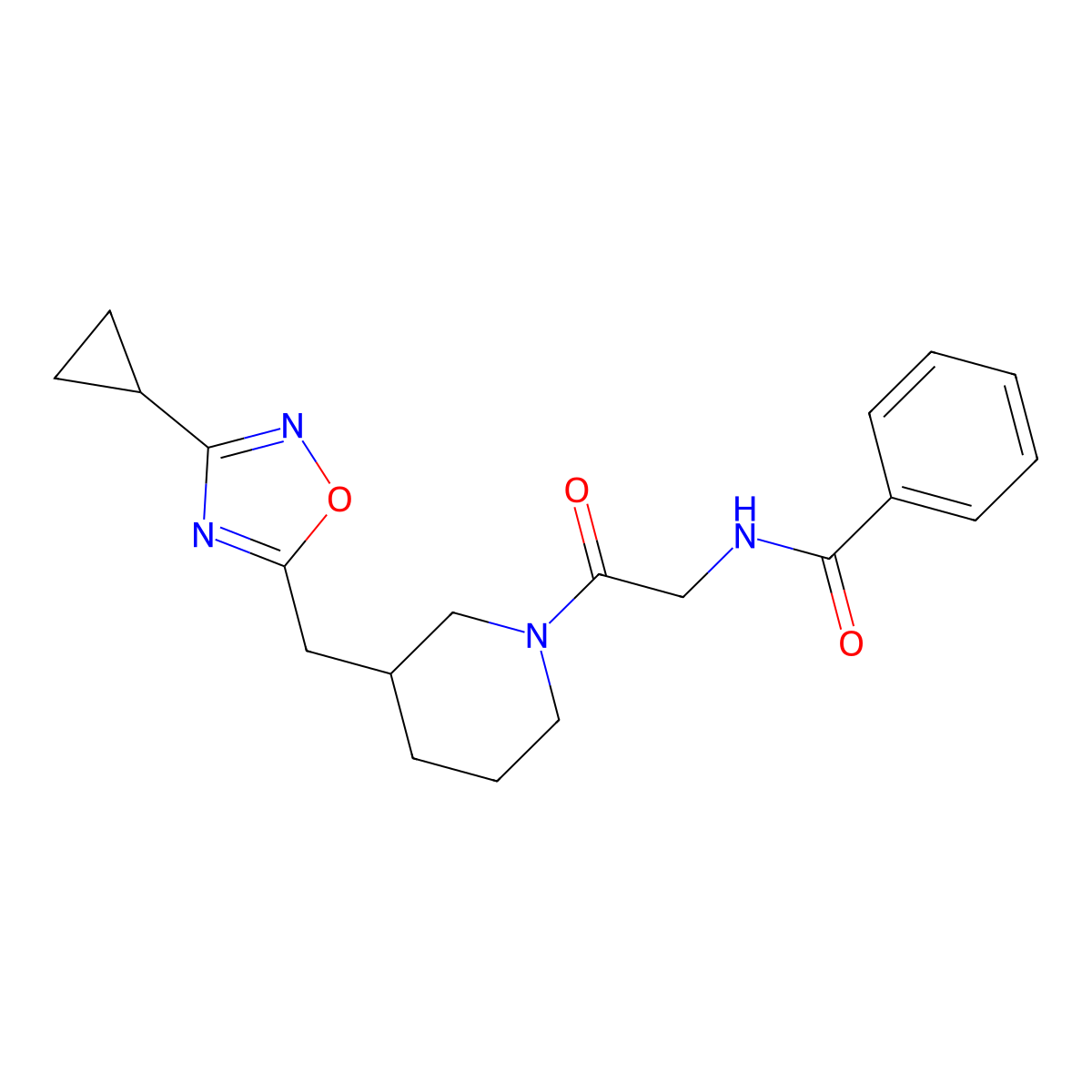 N-(2-{3-[(3-cyclopropyl-1,2,4-oxadiazol-5-yl)methyl]piperidin-1-yl}-2-oxoethyl)benzamide molecular structure, CAS 1705437-32-6