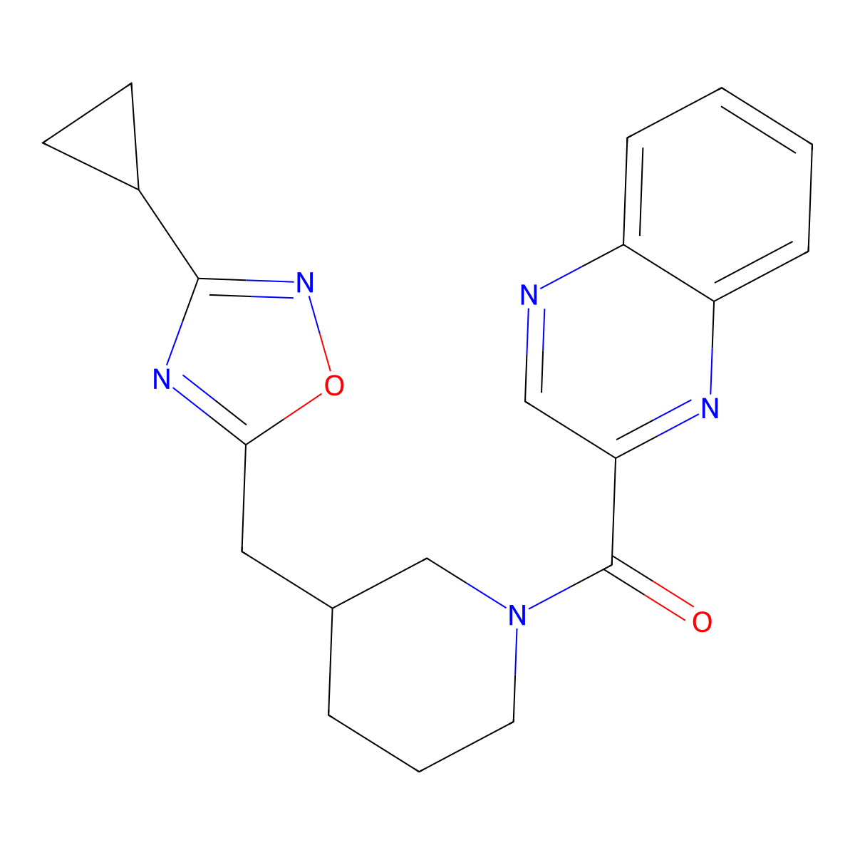 (3-((3-Cyclopropyl-1,2,4-oxadiazol-5-yl)methyl)piperidin-1-yl)(quinoxalin-2-yl)methanone molecular structure, CAS 1705438-12-5