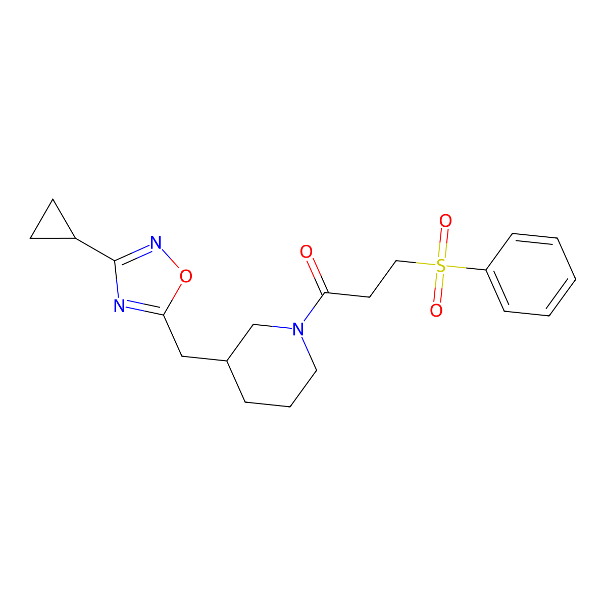 1-(3-((3-Cyclopropyl-1,2,4-oxadiazol-5-yl)methyl)piperidin-1-yl)-3-(phenylsulfonyl)propan-1-one molecular structure, CAS 1705438-46-5