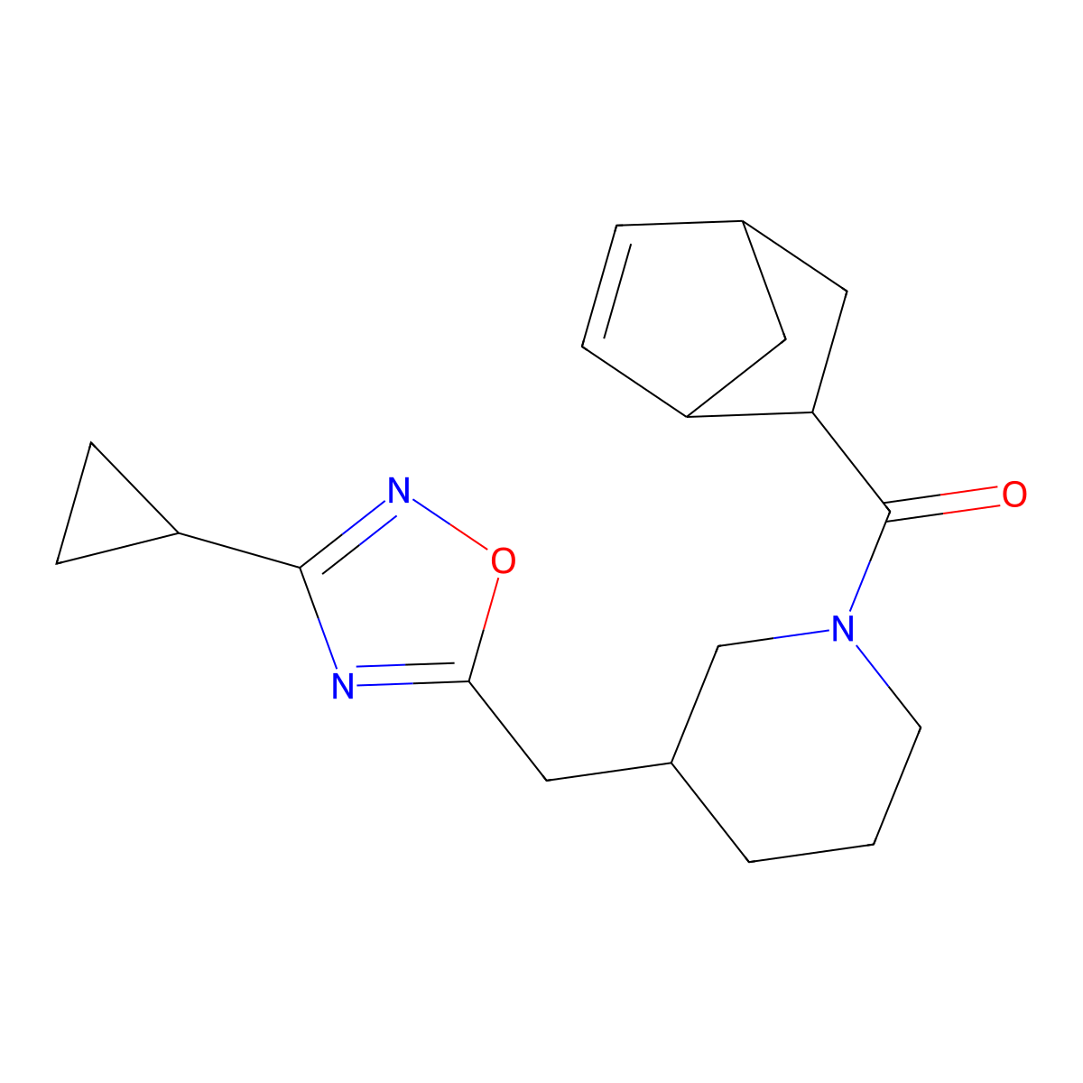 Bicyclo[2.2.1]hept-5-en-2-yl(3-((3-cyclopropyl-1,2,4-oxadiazol-5-yl)methyl)piperidin-1-yl)methanone molecular structure, CAS 1705438-58-9