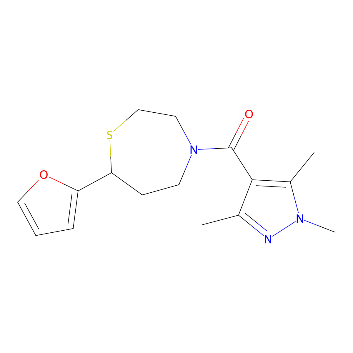 (7-(furan-2-yl)-1,4-thiazepan-4-yl)(1,3,5-trimethyl-1H-pyrazol-4-yl)methanone molecular structure, CAS 1705439-04-8