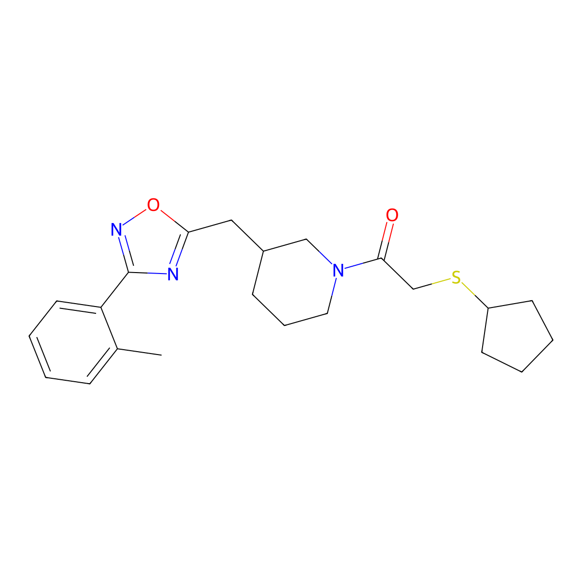 2-(Cyclopentylthio)-1-(3-((3-(o-tolyl)-1,2,4-oxadiazol-5-yl)methyl)piperidin-1-yl)ethanone molecular structure, CAS 1705439-25-3