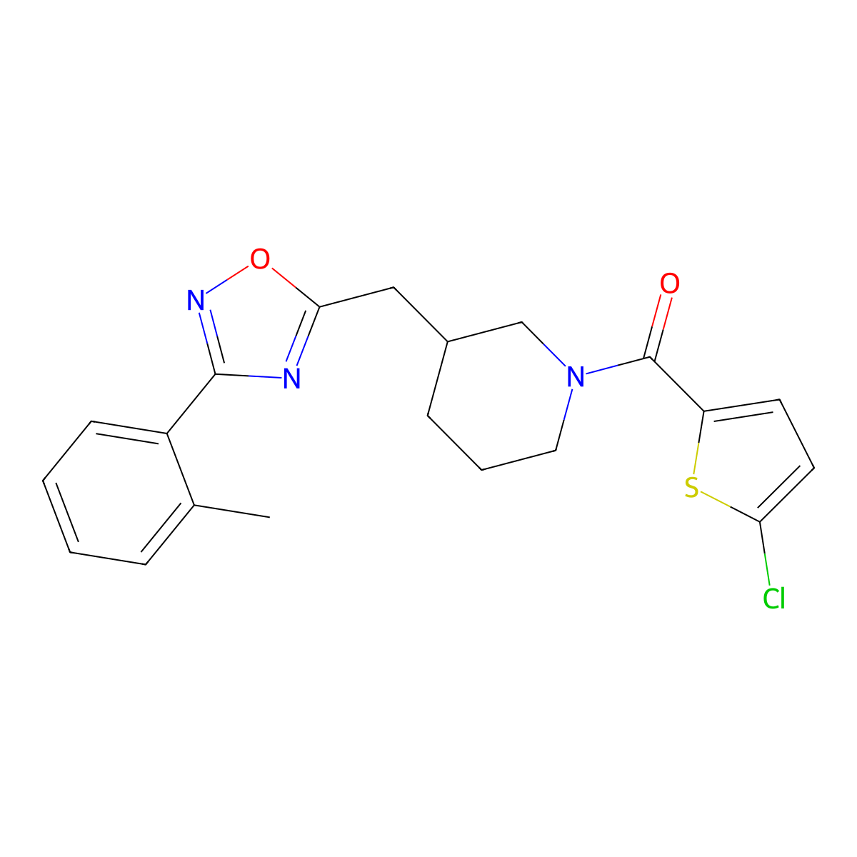 (5-Chlorothiophen-2-yl)(3-((3-(o-tolyl)-1,2,4-oxadiazol-5-yl)methyl)piperidin-1-yl)methanone molecular structure, CAS 1705439-48-0