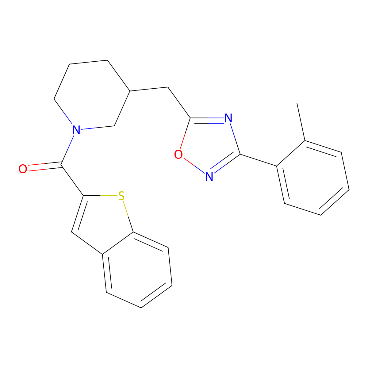 Benzo[b]thiophen-2-yl(3-((3-(o-tolyl)-1,2,4-oxadiazol-5-yl)methyl)piperidin-1-yl)methanone molecular structure, CAS 1705439-82-2