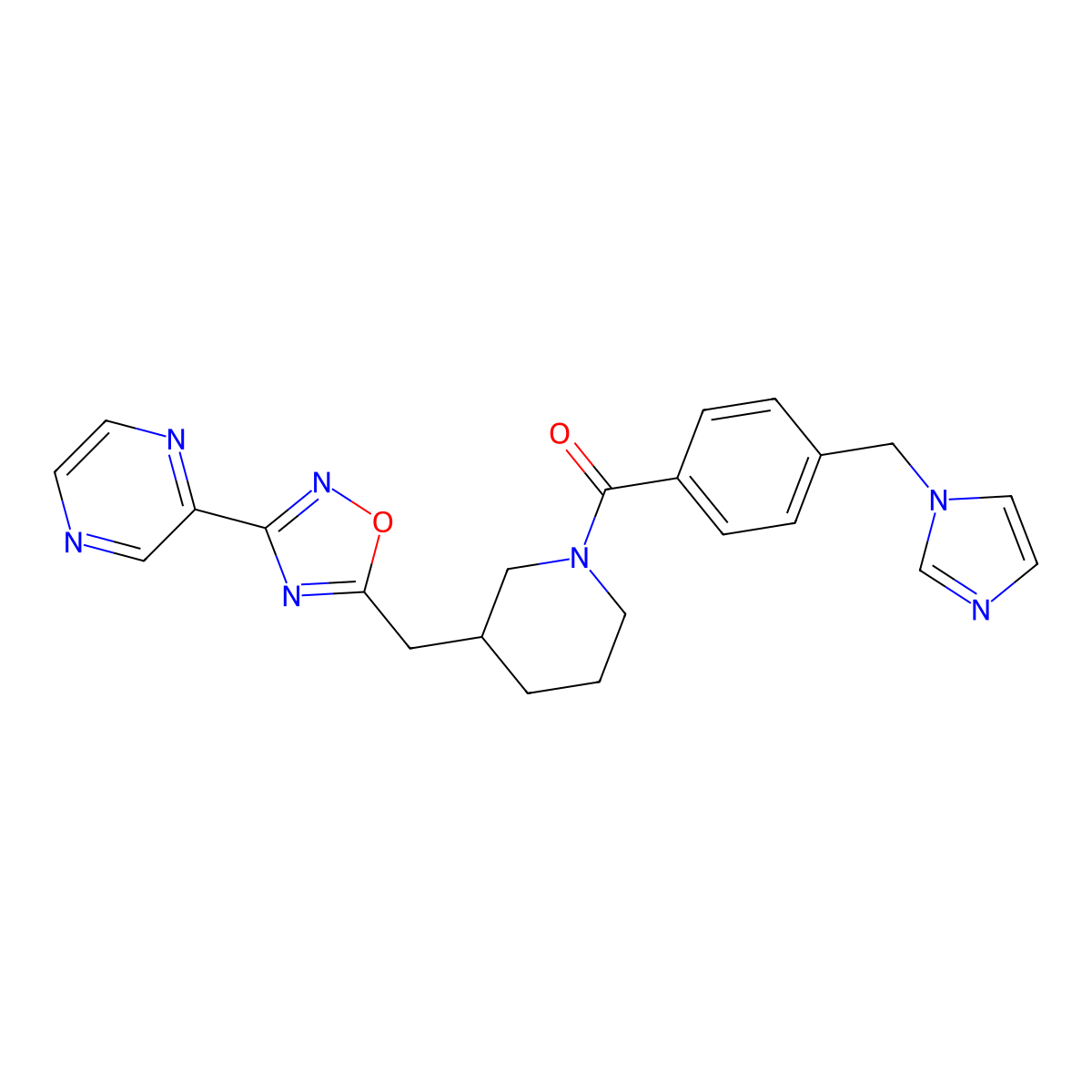 (4-((1H-imidazol-1-yl)methyl)phenyl)(3-((3-(pyrazin-2-yl)-1,2,4-oxadiazol-5-yl)methyl)piperidin-1-yl)methanone molecular structure, CAS 1705440-06-7